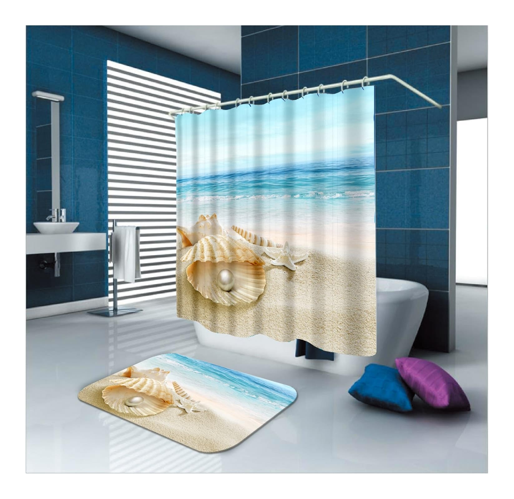 Cortina de ducha de 180 x 180 cm, resistente al agua, tela textil azul y marrón, diseño de perlas, cortina de baño, tela de poliéster, resistente al moho, lavable, 1,8 x 1,8 m de largo (ancho