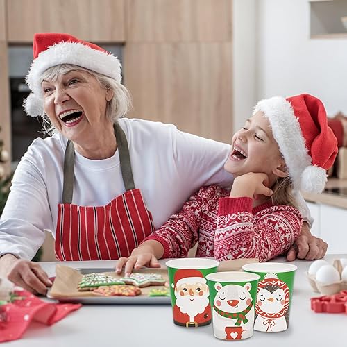 Miniatura 7 de Whaline 60 vasos desechables de Navidad de 9 onzas, color rojo y verde, Papá Noel, elfo, muñeco de nieve, alce, tazas de papel para fiestas de