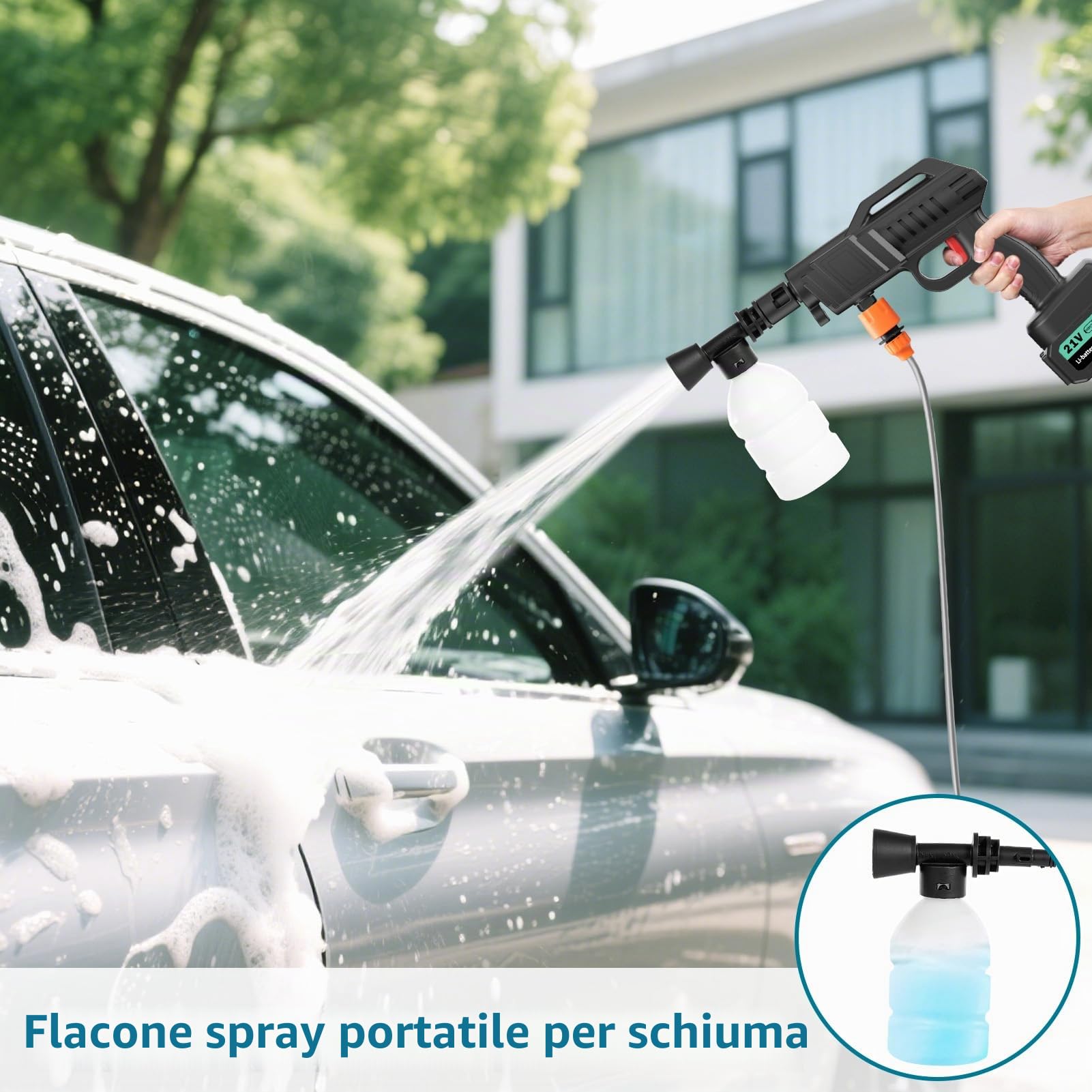 Idropulitrice a Batteria 100Bar, Idropulitrice Portatile senza Fili con 2 Batterie 21V e 6-in-1 Ugello, Lancia Alta Pressione per Auto, Giardino, Pulizia Pavimenti Esterni - 5m Tubo, 10m Gittata