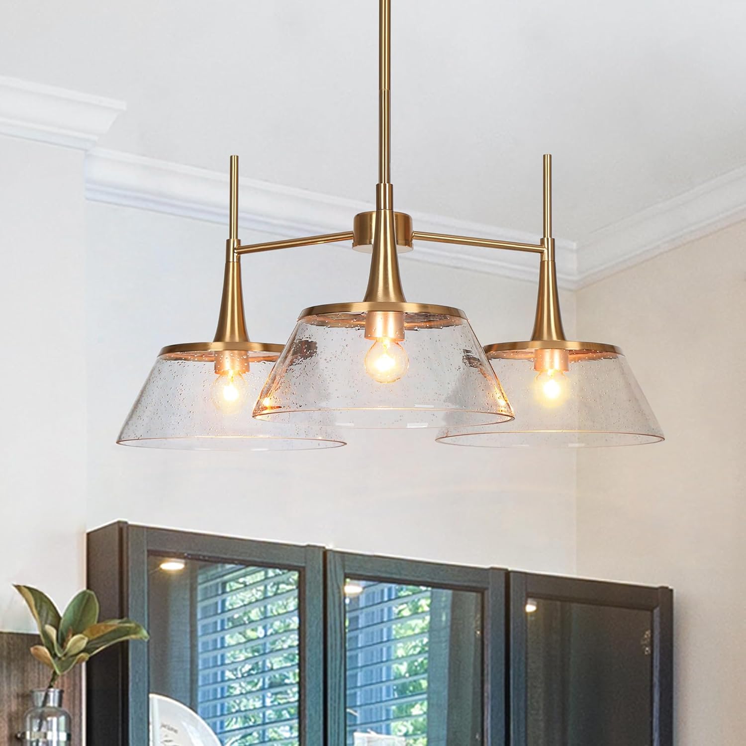 KSANA Gold Chandelier, 3-Light Brass Pendant Lights Kitchen Island with Seeded Glass Shade, 24.5'' Modern Copper Pendant Chandeliers Light Fixtures for Dining Room Living Room Bedroom Entryway