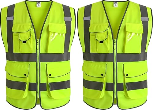 Vista 50 de JKSafety - Chaleco de seguridad de alta visibilidad con 9 bolsillos, chaleco reflectante de malla de alta visibilidad para hombres y mujeres, cuello