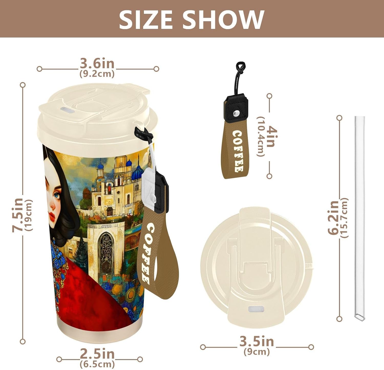 Woman City Abstract Insulated Coffee Mug with Straw & Flip Lid, 16.9oz Iced Tumbler Cup, Double Wall Vacuum Mug for Travel Office