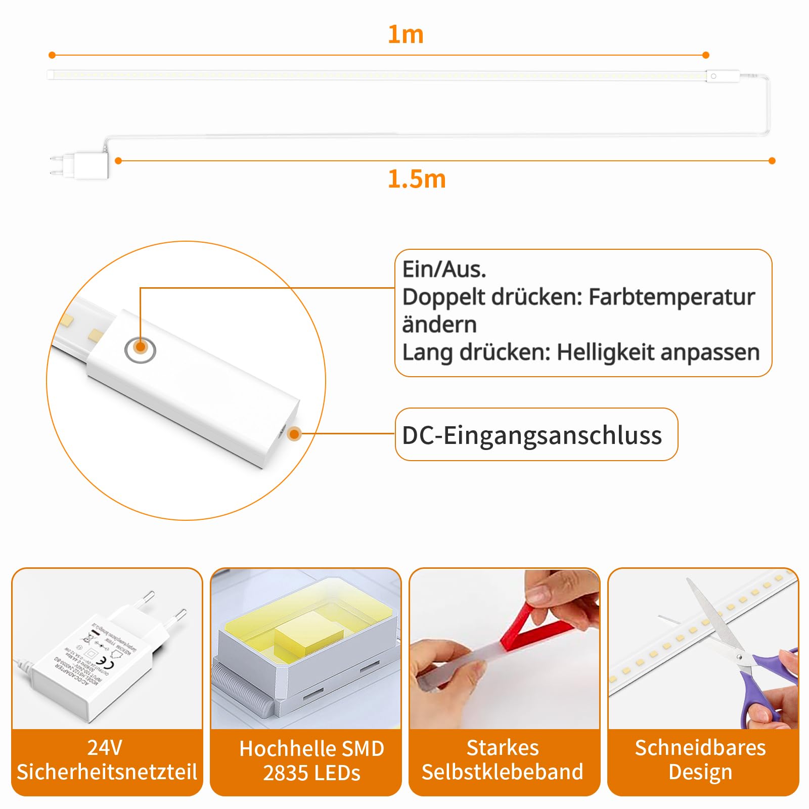Unterbauleuchte Küche LED 1M, Dimmbar LED Lichtleiste Selbstklebend mit Fernbedienung, Flexibel Silikon Unterschrank Beleuchtung inkl. 24V Netzteil für Küche, Schlafzimmer, Wohnzimmer, Büro