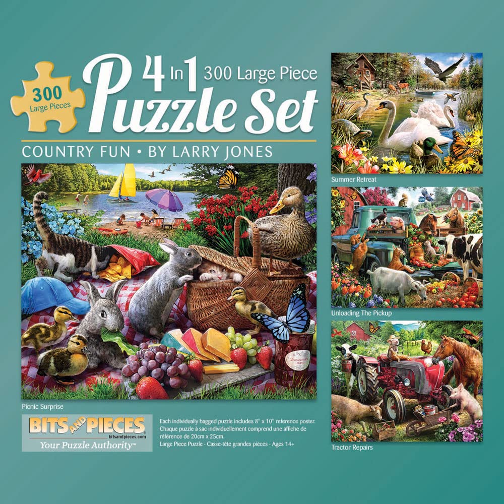 Bits and Pieces - 4-in-1 Multi-Pack - 300 Piece Jigsaw Puzzles for Adults - Country Fun 300 pc Puzzle Set Bundle by Larry Jones - 16"x20" (41cm x51cm)