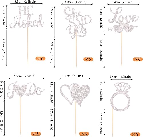 Miniatura 3 de Paquete de 36 adornos para cupcakes con purpurina He Asked She Said Yes con purpurina Love Heart I do, para despedida de soltera, pasteles,