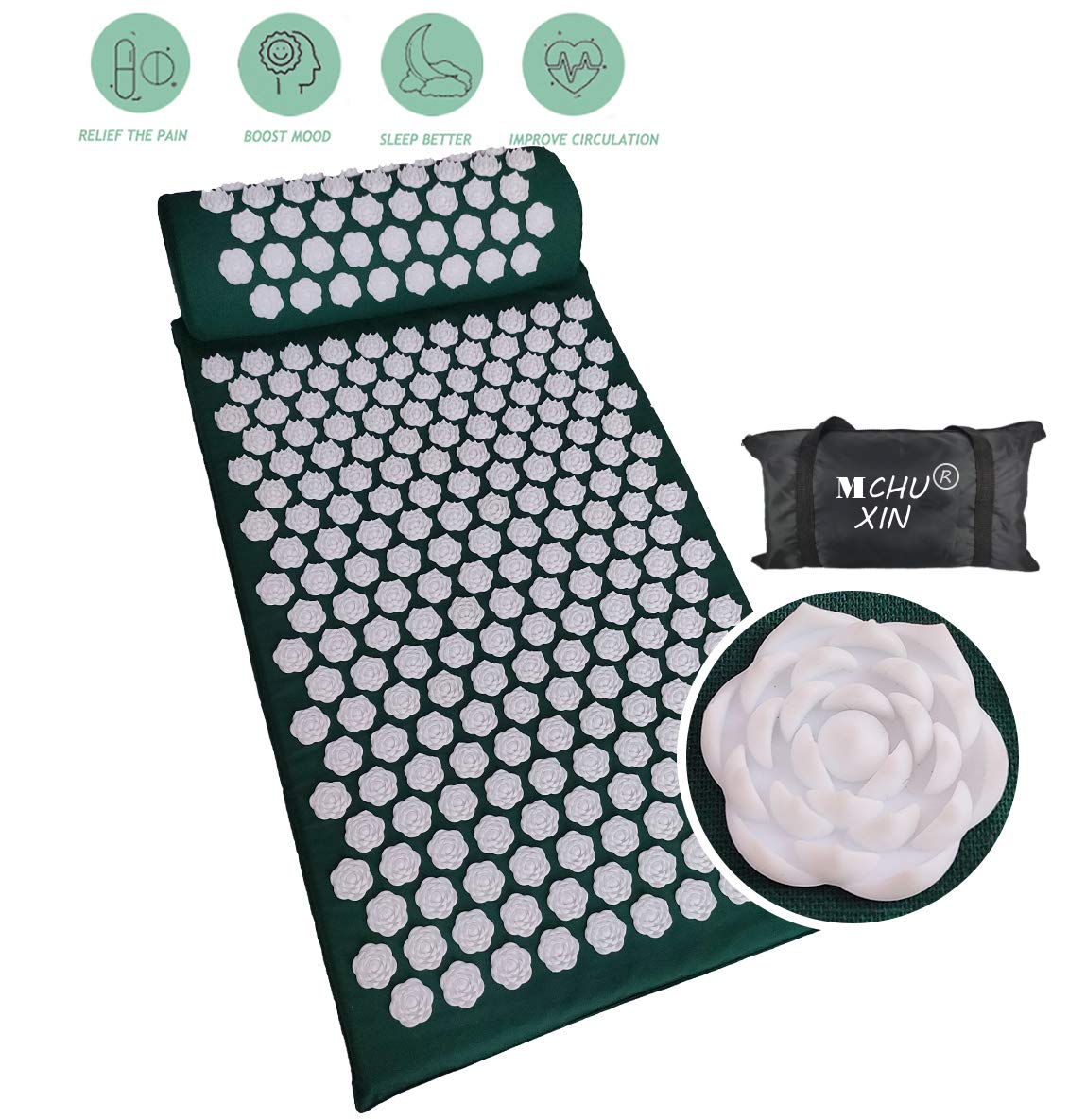Acupuncture Massage Pillow and Mat Set, Massage Cushion Set for Back Pain Relief,Neck Pain, Stress Reliever, Equipped with a Gift Backpack for Easy Carrying (Green)