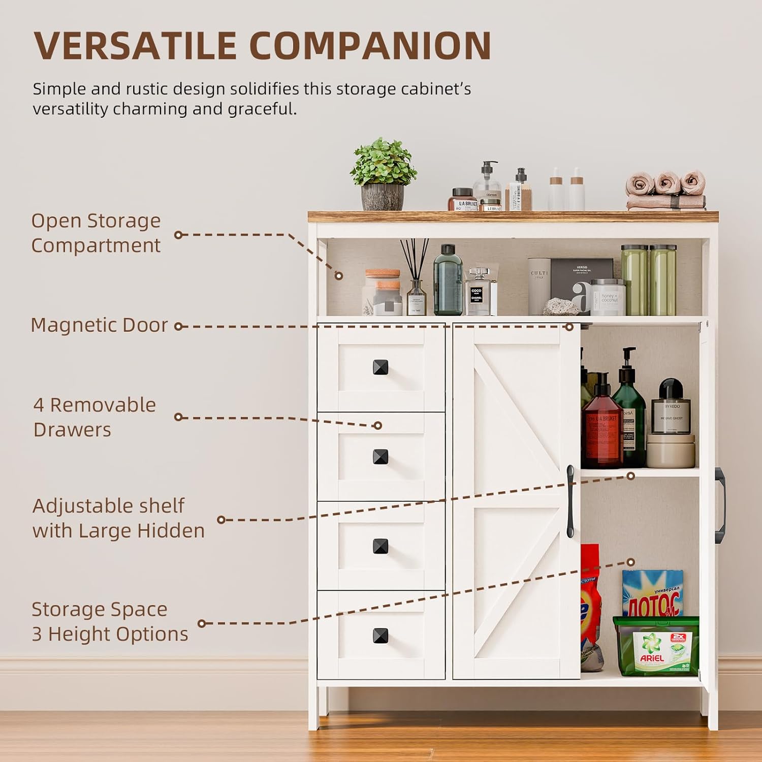 Befrases Farmhouse Storage Cabinet with 2 Doors and 4 Drawers, Freestanding Bathroom Cabinet Kitchen Pantry, Floor Storage Cabinets Hutch Cupboard for Kitchen/Living Room/Bathroom （Unique White）