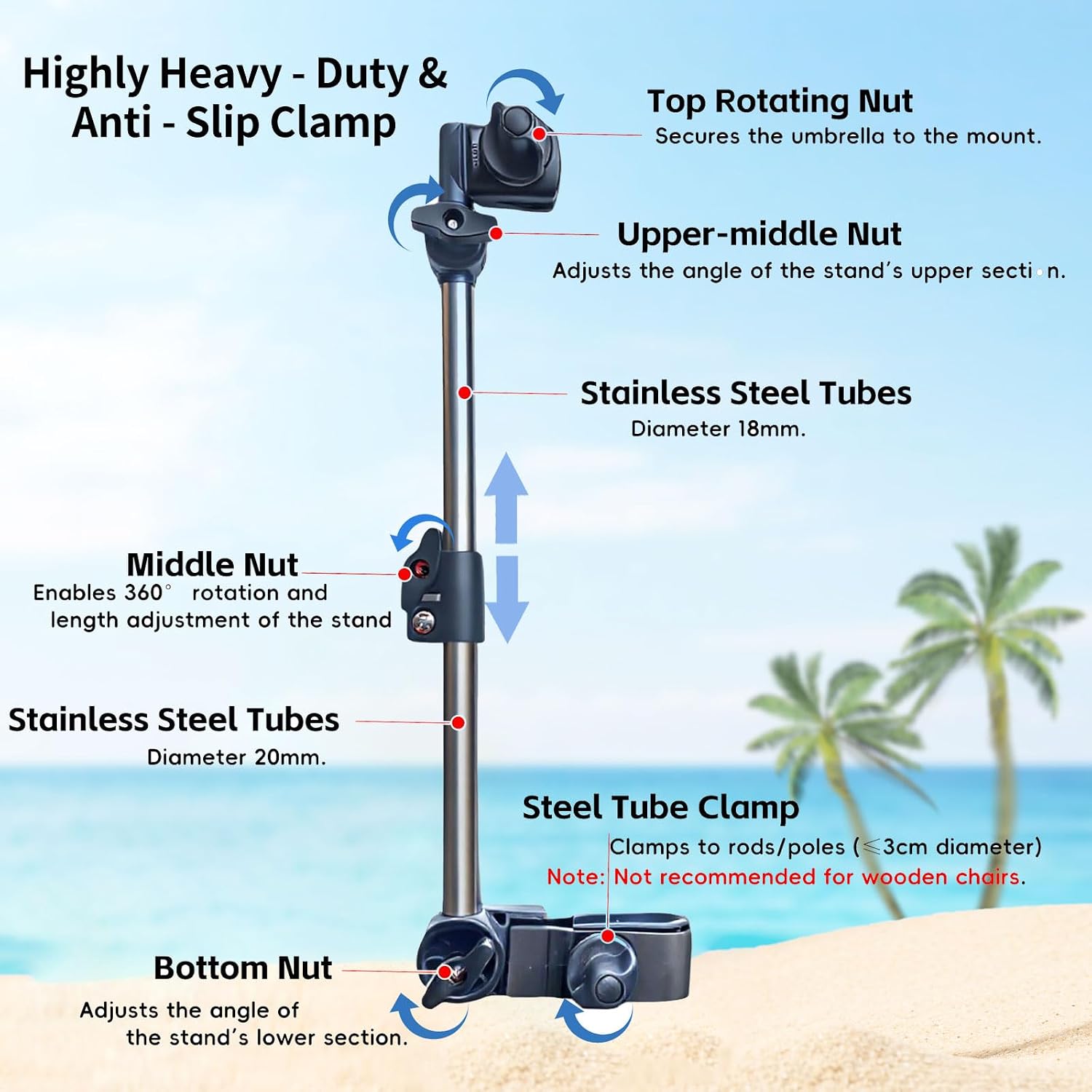Beach Chair Umbrella with 360° Adjustable Clamp, 45in UPF 50+ Portable Folding Sun Shade for Outdoor Camping Wheelchair,Travel, Stroller, Patio, Golf Carts Plant Shade(Chair Not Included)