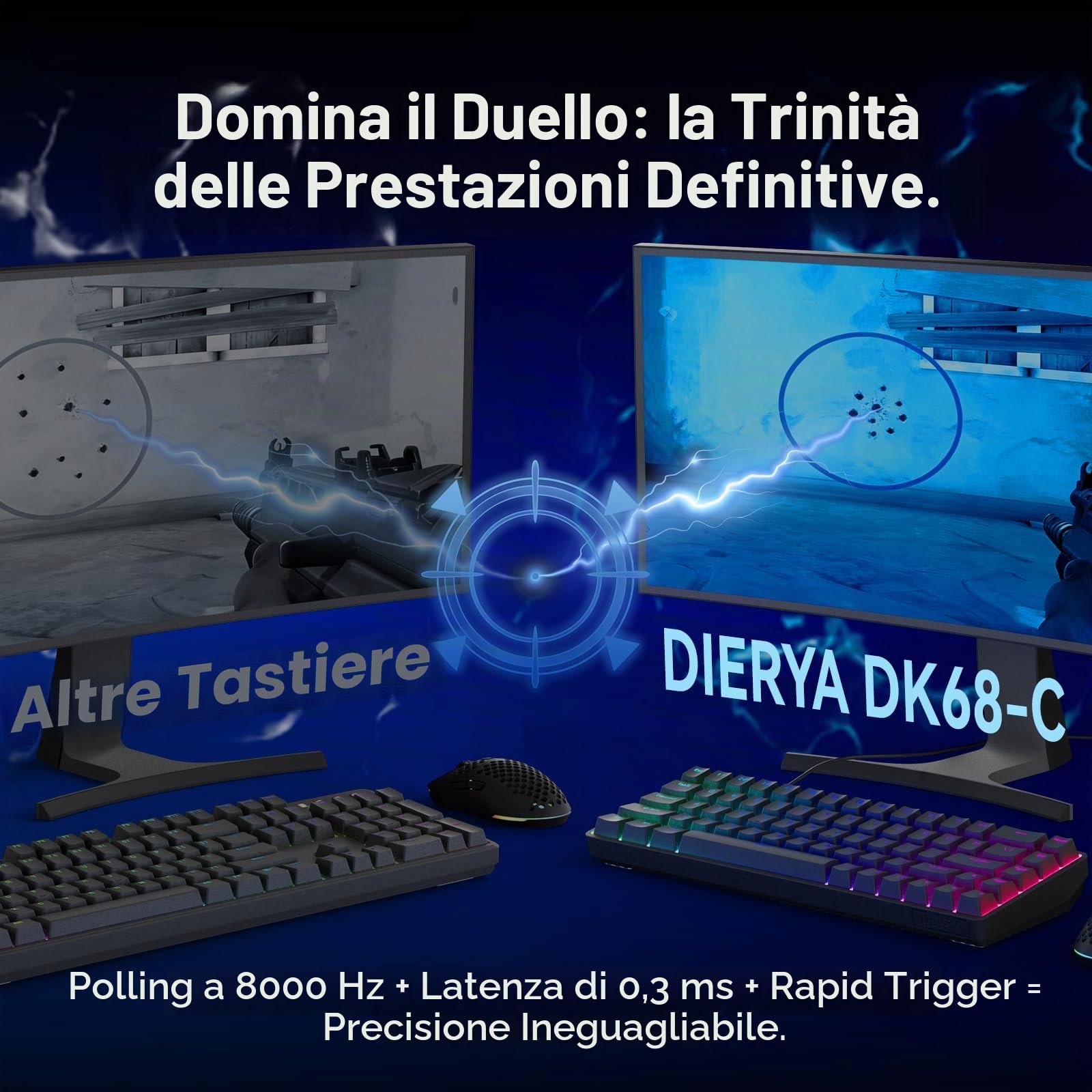 DIERYA DK68-C Tastiera da gioco HE al 60%, interruttore magnetico hot swap, trigger rapido, azionamento regolabile, frequenza di polling 8000Hz, retroilluminazione RGB, 68 tasti compatti per PC