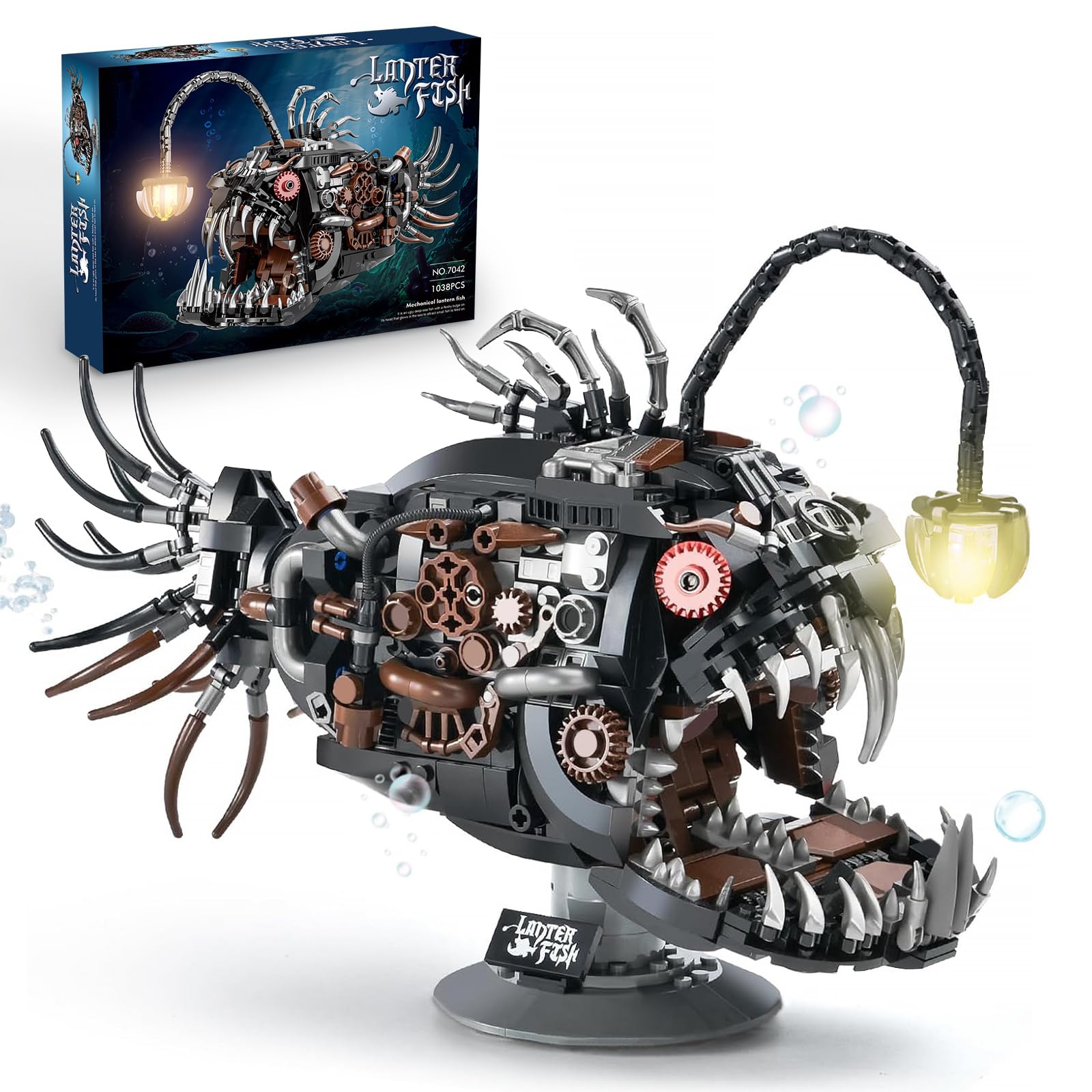 Lanterne mécanique Poisson Briques de construction compatibles avec les marques célèbres - 1038 pièces - Animaux créatifs - Technique Steampunk Rétro Océan Moc - Kit de modélisme avec lumière - Cadeau