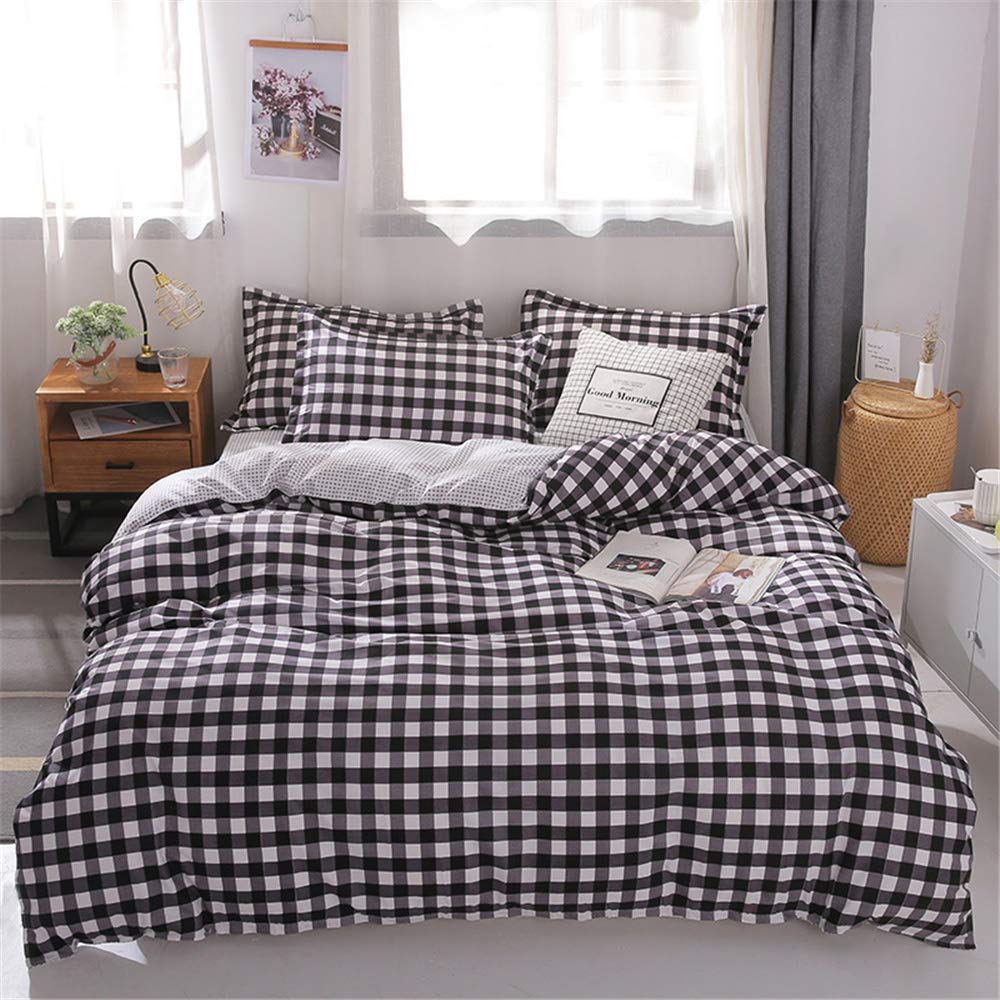 Fansu Juego de Ropa de Cama 4 Piezas, Incluye Moderno Nórdico Microfibra 1 Cremallera Funda Nórdica de Edredón 1 Colcha de Cama o Sábana 2 Fundas de Almohada (150x200cm-1.5M,Retro a Cuadros Negro)
