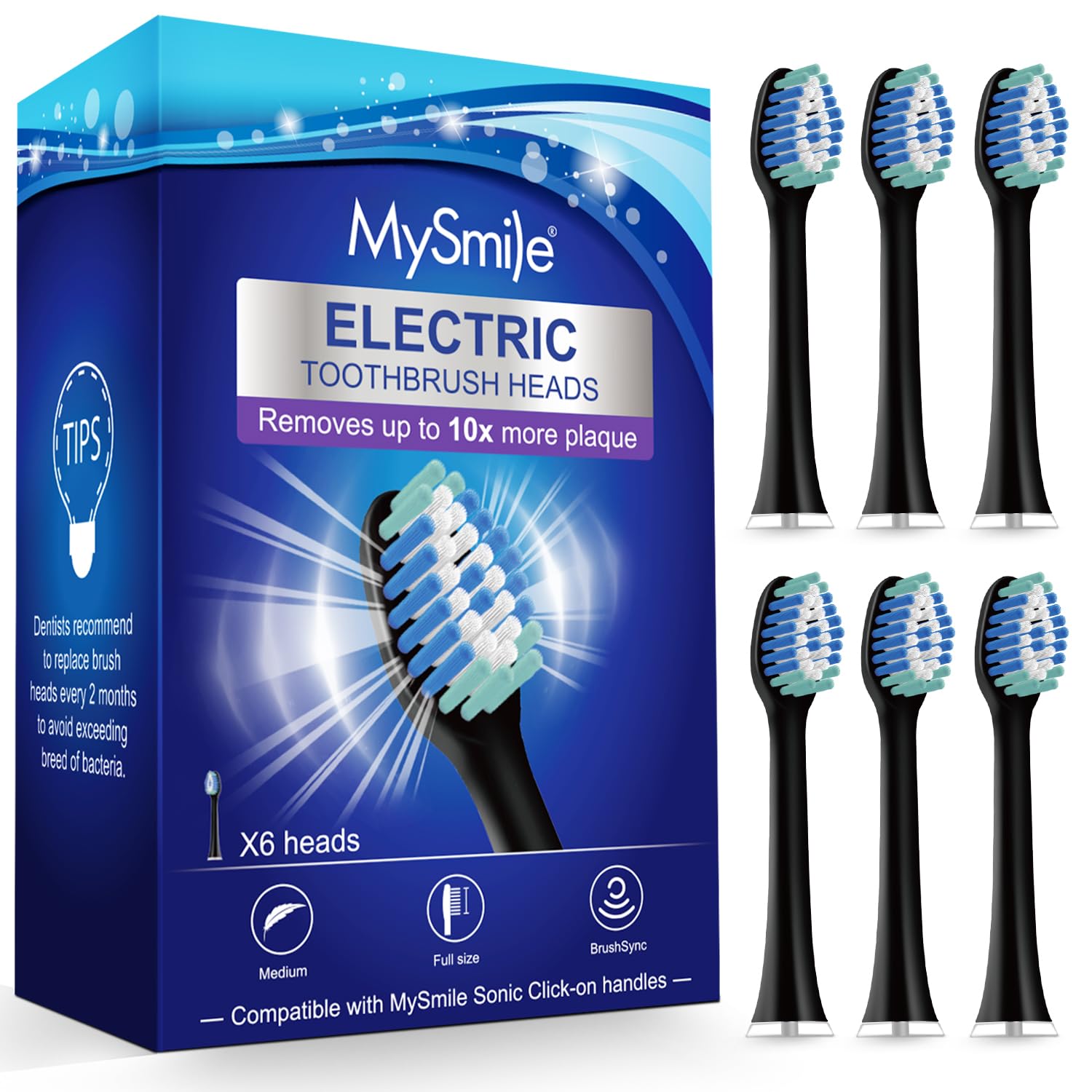 My Smile Electric Toothbrush Replacement Heads 6 Pack (Black)