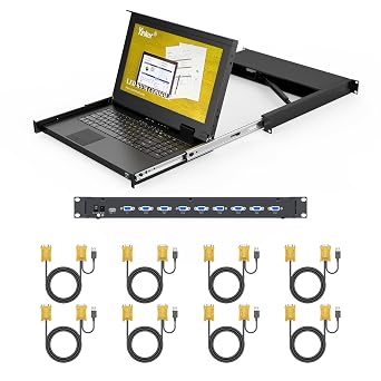 1U 15.6" Rack Mount KVM Console 8 Port VGA, Yinker LCD Console Drawer with Keyboard Touchpad + 8-Pack KVM Cables, Adjustable Rails for 480600/800mm 19" Rack