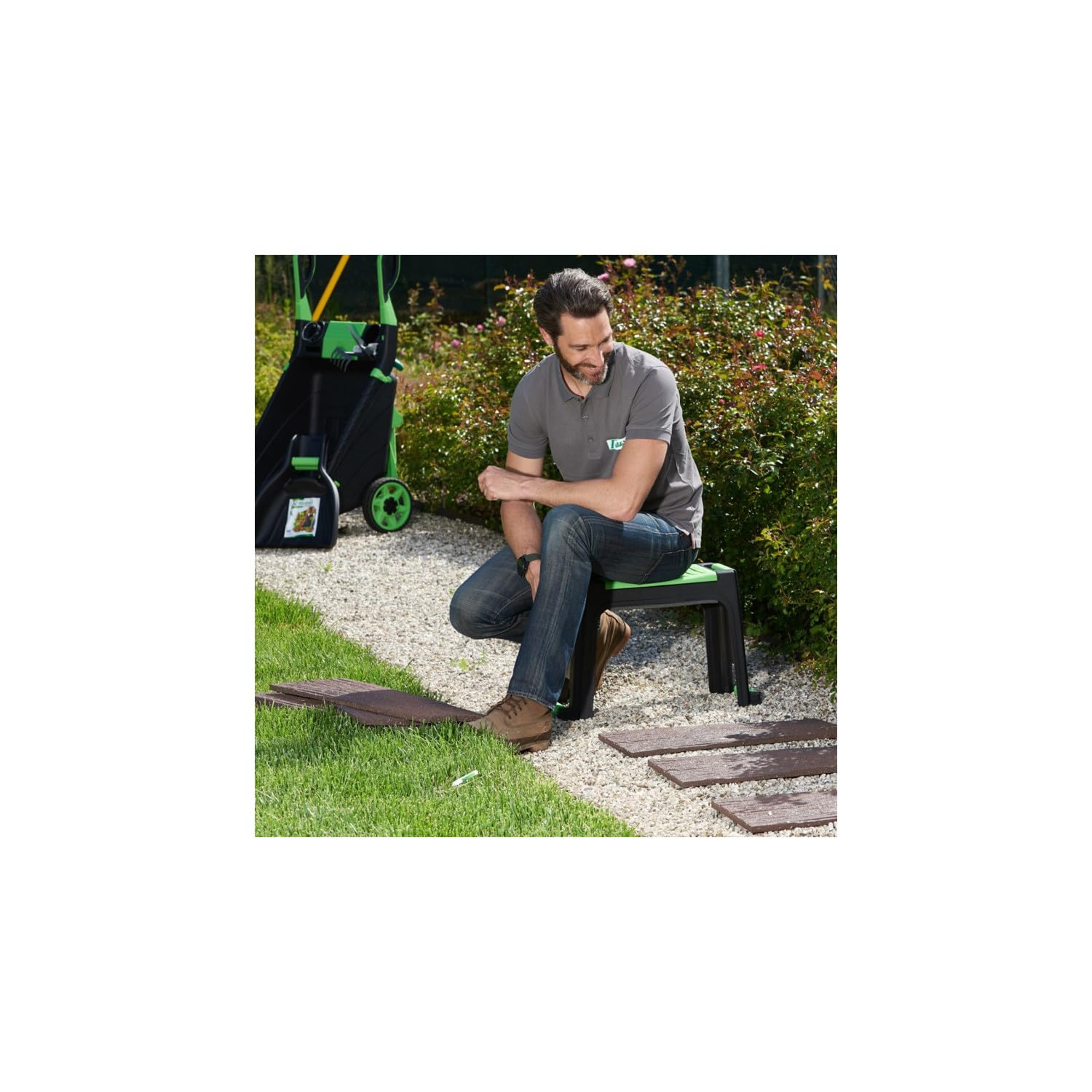 KINZO Pack Jardinage Confort Agenouilloir Tabouret Rangement Ribimex + Kit 3 Outils Main Pelle Griffe Serfouette
