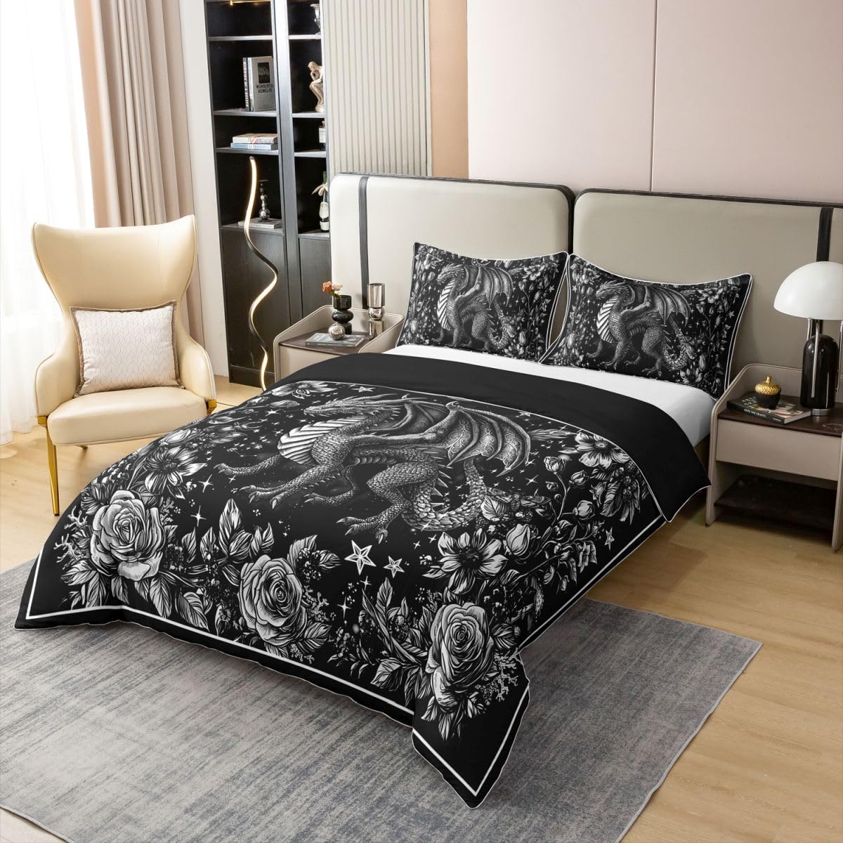 Drache Baumwolle Bettwäsche Set 135x200cm Personalisierte Drache Bettwäsche-Set Atmungsaktiver weiche Wilde Tier Thema Bettbezug Set 2Stück Rose Schlafzimmer Dekoration Mond