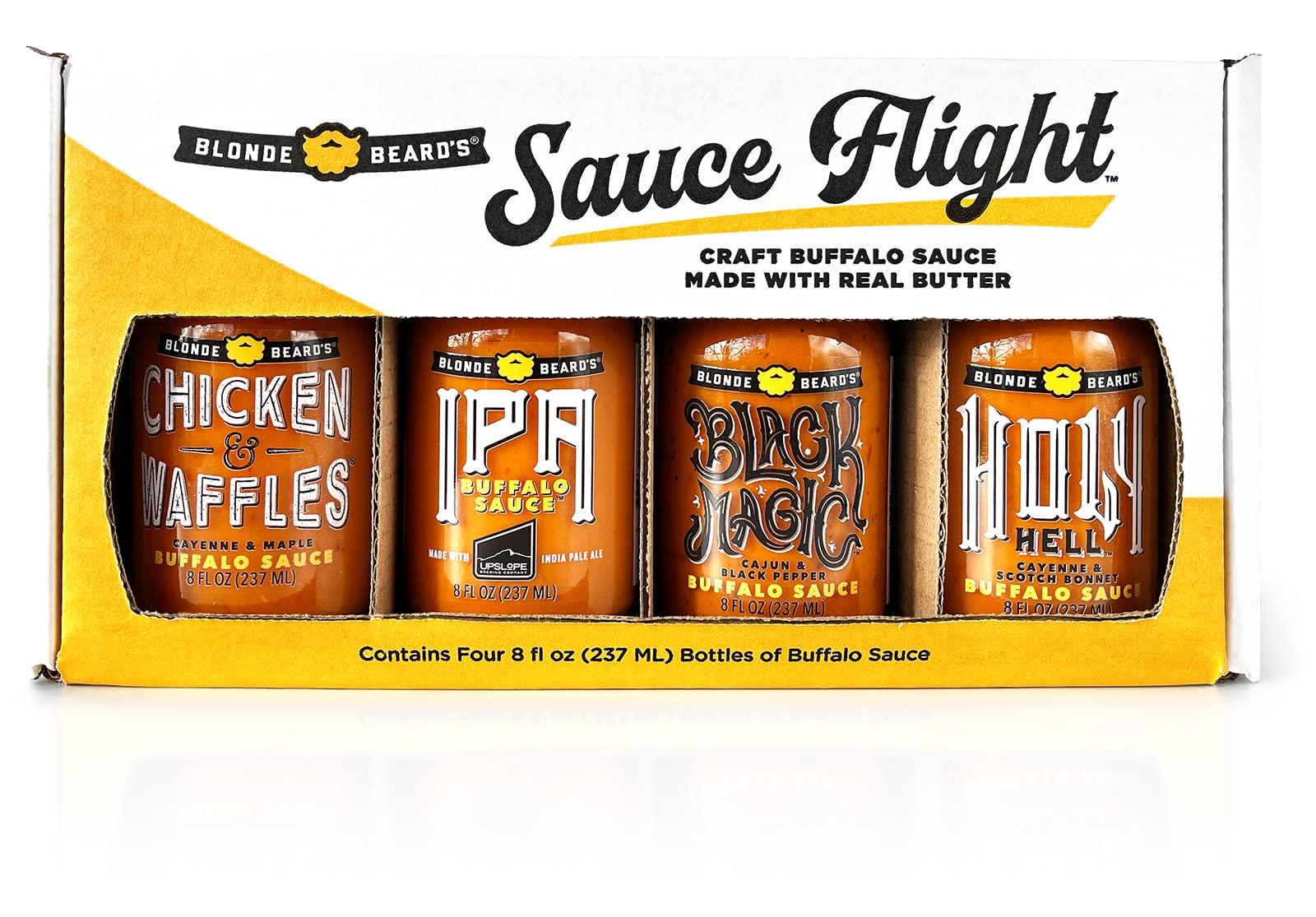 Blonde Beard's Buffalo Sauce Flight - Variety 4 Pack: Buffalo Sauce Sampler Includes Chicken & Waffl