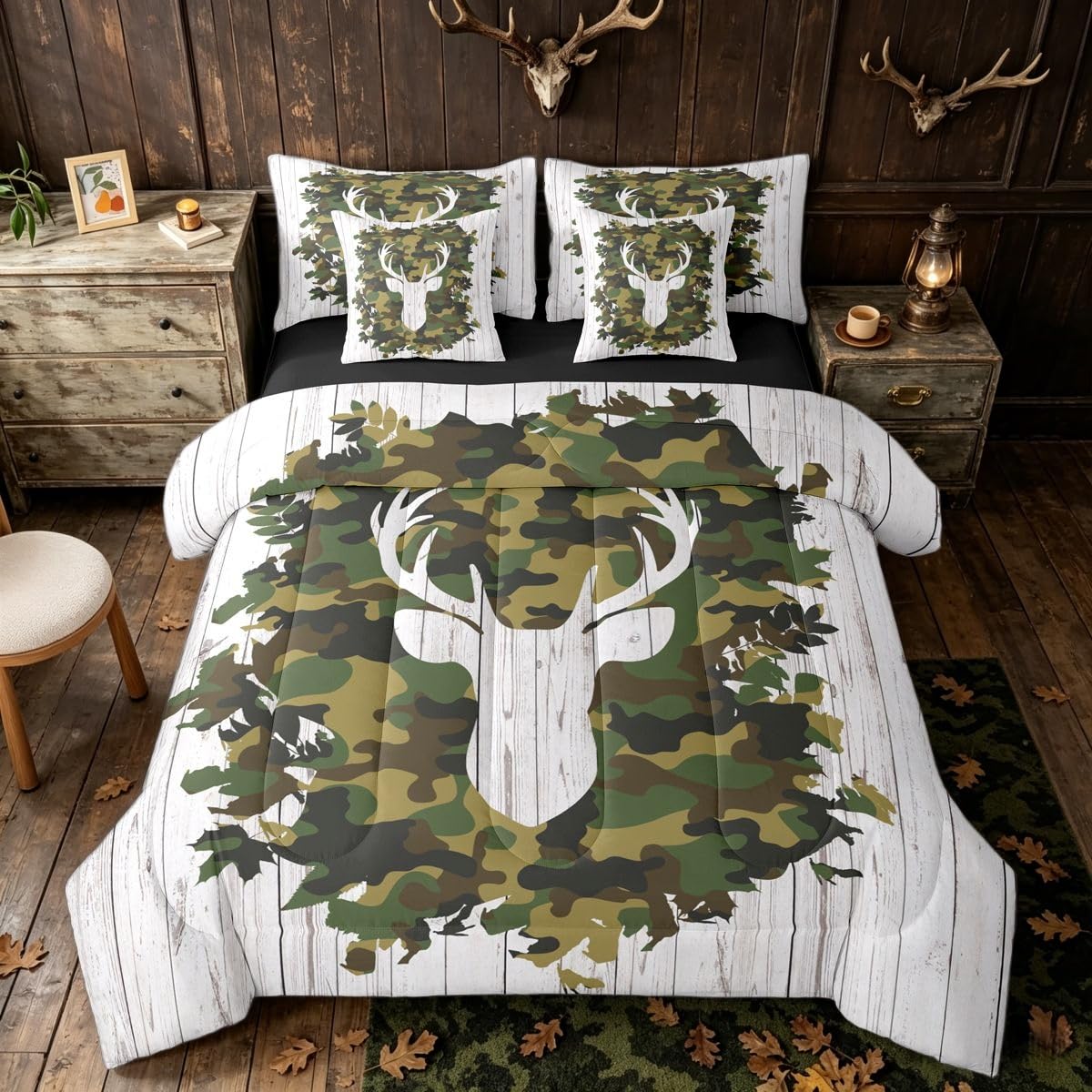 Erosebridal Camo Deer White Dark Green Comforter Set Queen Size 7 Pieces