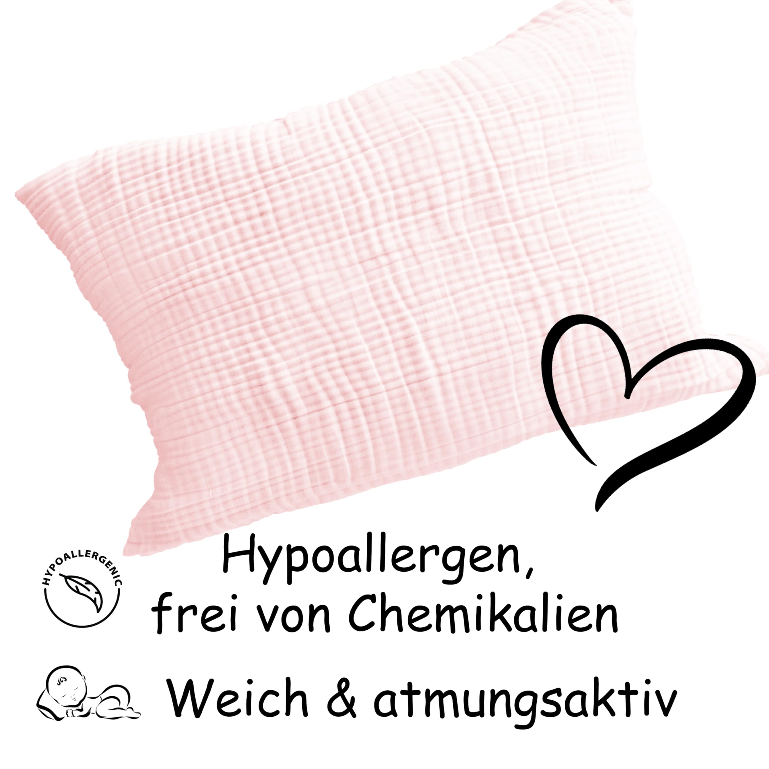 PinkZebra 50 x 60 cm Funda de almohada de muselina orgánica, con certificado ÖkoTex, de 100 % algodón orgánico, funda de cojín de muselina, funda con cremallera, fabricada en la UE, rosa bebé