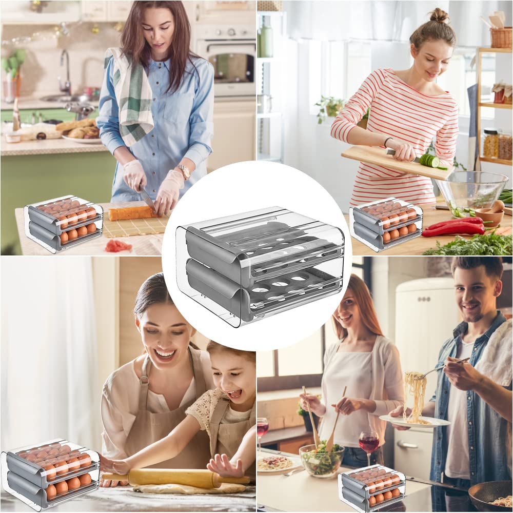 THATSRAD Caja de Huevos para Nevera 32 Rejillas Huevera para Frigorífico Cajón Caja de Almacenamiento para Huevos Bandeja para Huevos Caja Huevos para Refrigerador, Panadería (23,5*21,5*13,5cm, Gris)
