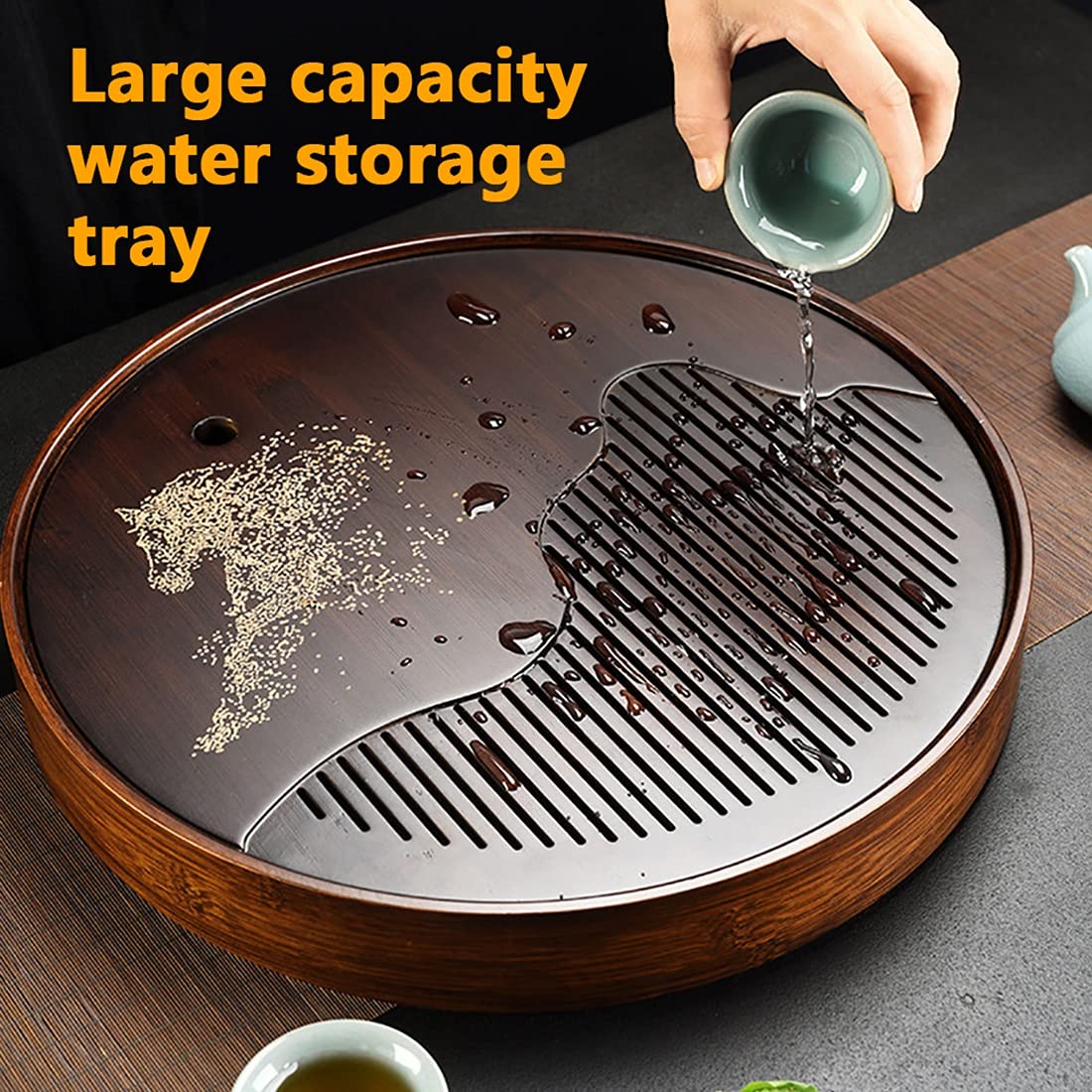 Plateau à thé en bambou, plateau de service japonais chinois gongfu avec réservoir, mini boîte à thé pour la maison