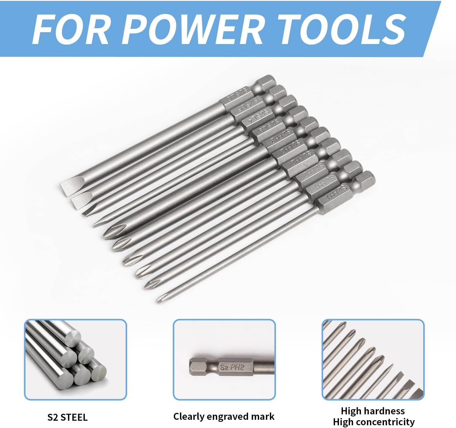 Long Screwdriver Bit Set, 10 PCS Magnetic Slotted Phillips Drill Bit Set, 1/4 Inch Hex Shank 4 Inch/100 mm, S2 Steel for Power Screwdriver Drill Impact Driver