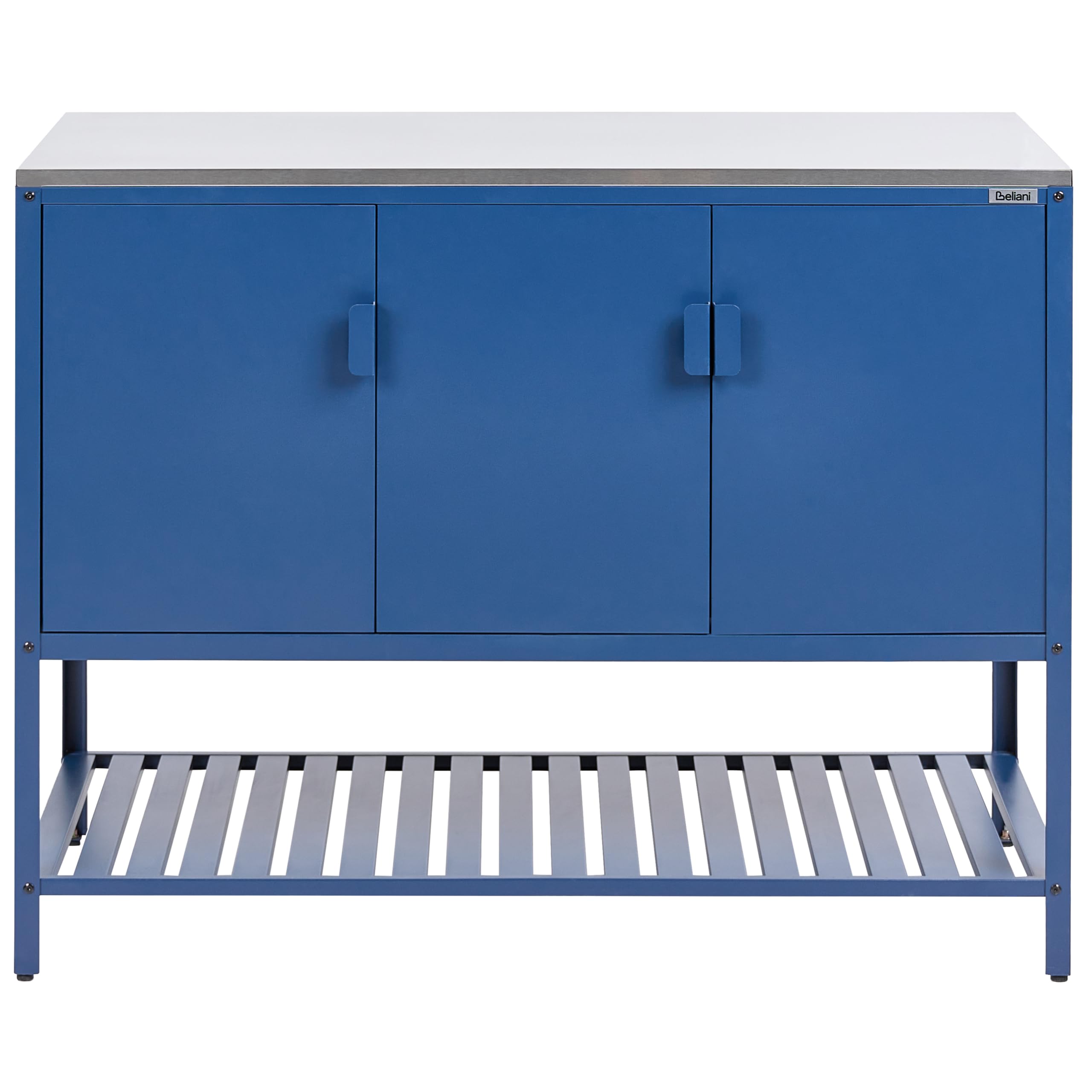 Beliani Conjunto de Armario de Cocina y Mesa de Bar para Exterior de Acero 3 Puertas encimera de Acero Inoxidable jardín Azul Maenza