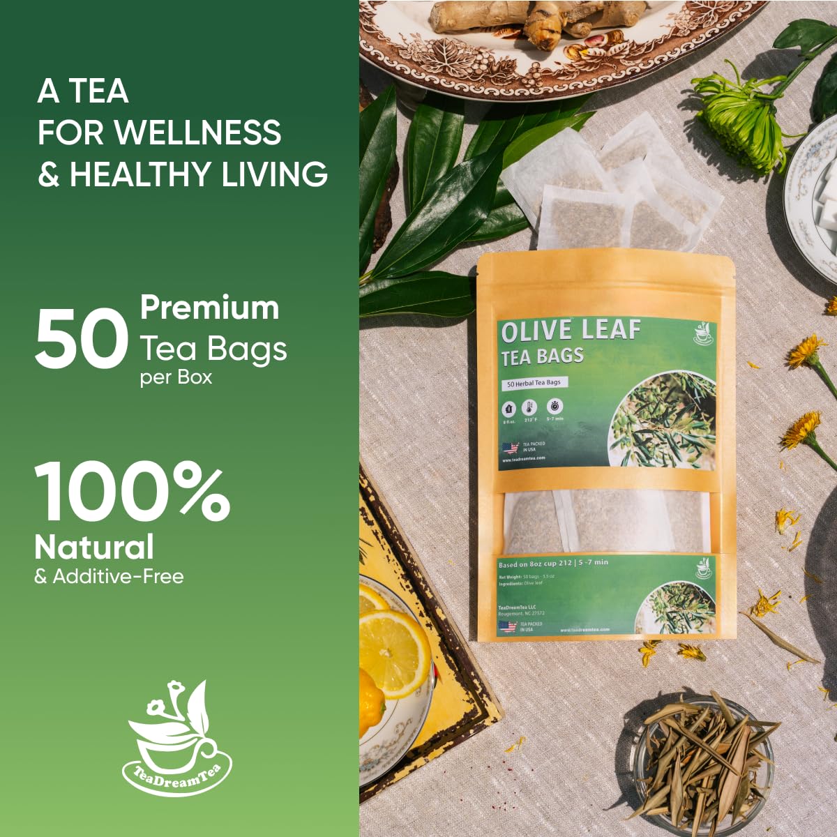Olive Leaf Tea Bags – 50 Bags (Premium Dried Olive Leaf Tea - 50 Count), Natural Extract Caffeine-Free Herbal Tea for Health & Immune Support