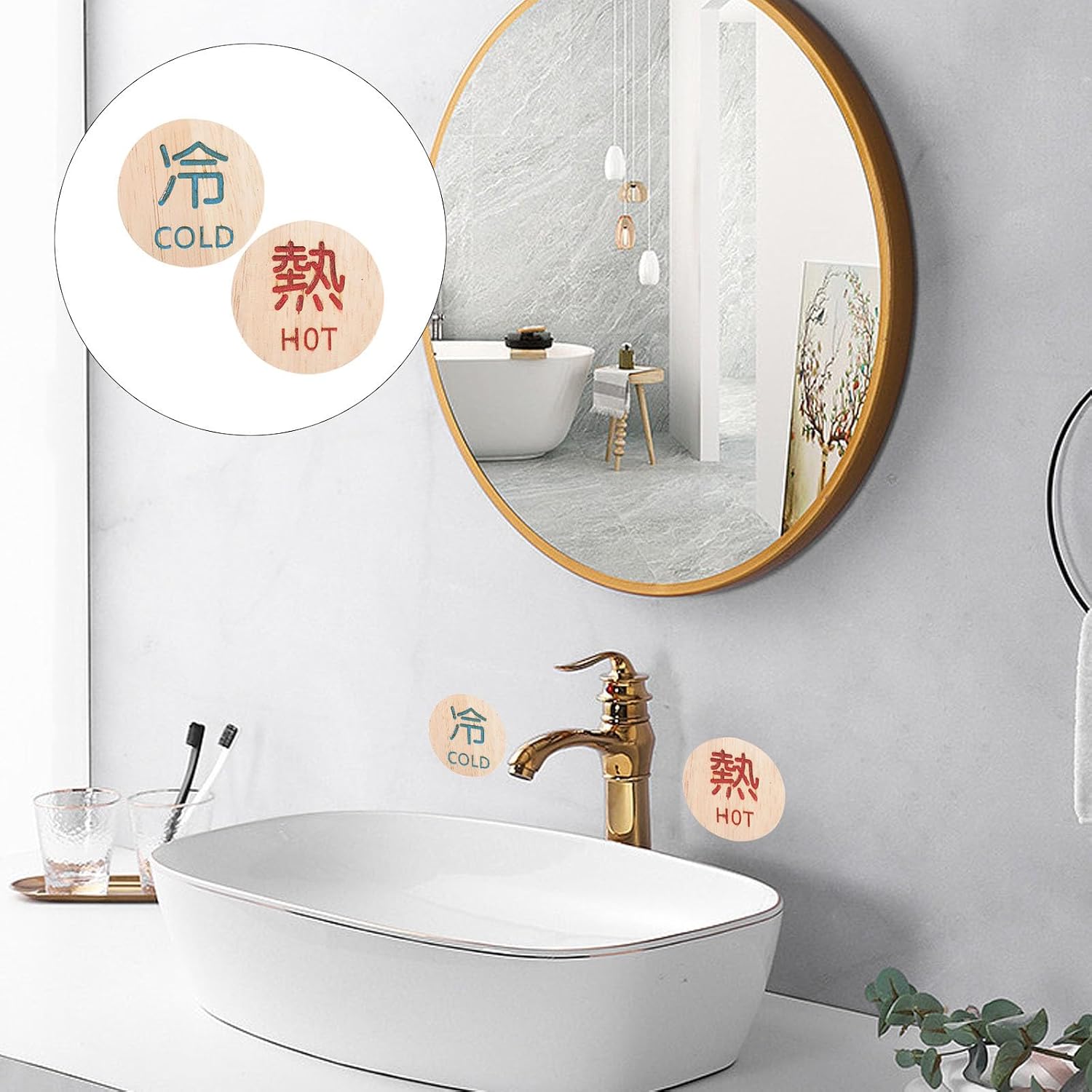 ULTECHNOVO 6 Pcs Bathroom Label Kitchen Faucet Stickers Hot Cold Hot Cold Labels for Hotel Safety Signs Hot Cold Indicator Sign Wood Tags Hotel Signs Signage Wooden Japanese-Style