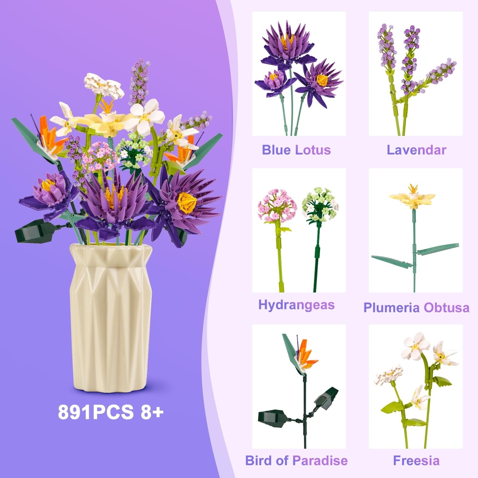 Set di Fiori Finti da Costruire 891PCS 13 Bouquet di Fiori Kit di Modellismo di Piante Artificiali Decorazione per la casa, kit per la costruzione di bouquet per adulti, idea regalo per il compleanno