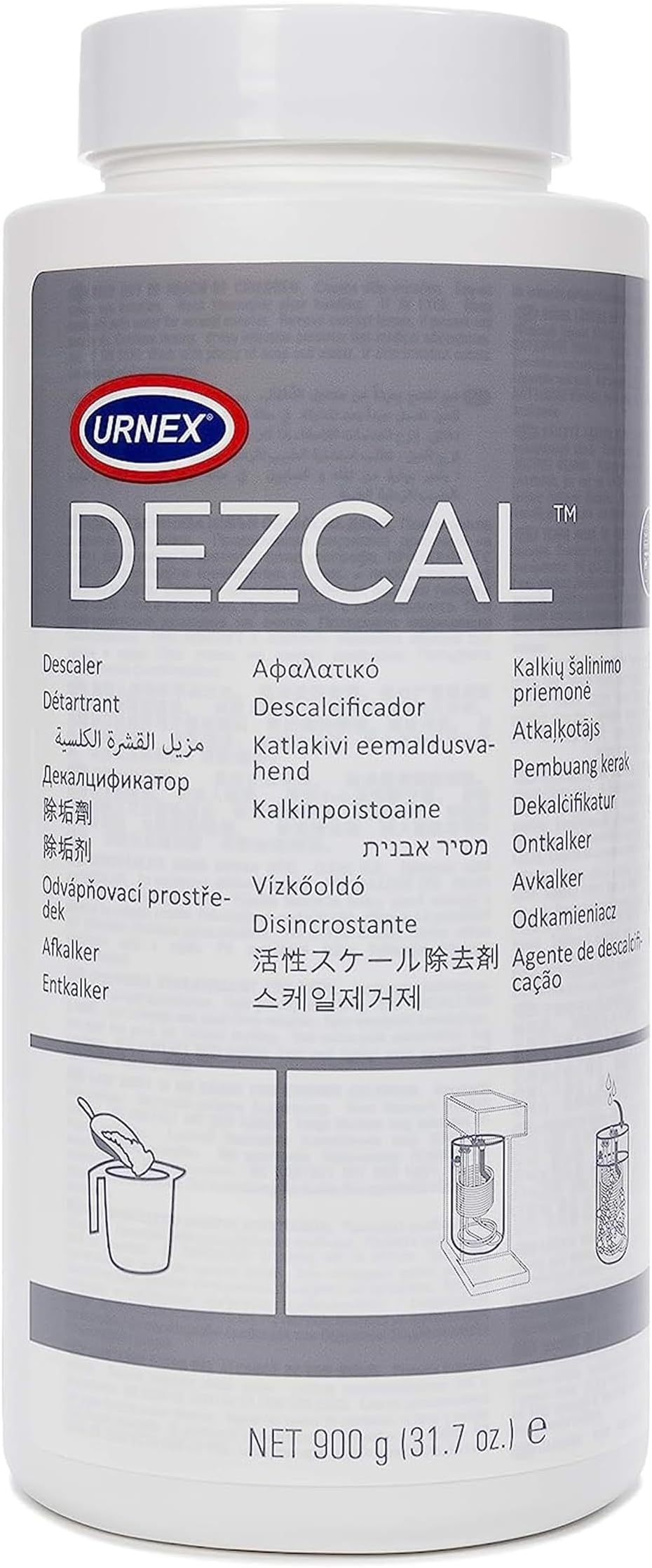 Urnex Dezcal Coffee and Espresso Machine Descaler Activated Scale Remover - 900g Bottle - Fast Effective Descaling Of Boilers and Heating Elements Faucets Spray Heads Milk Systems