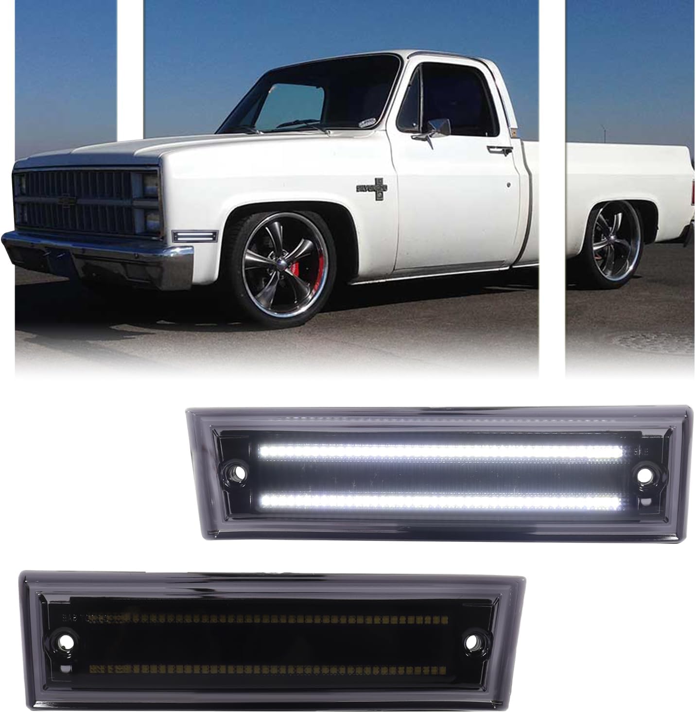 2 PCS [Upgraded] White LED Side Marker Light for 1981-1991 Chevy C10 C20 C30 GMC C1500 C2500 Suburban Blazer Jimmy, Smoked Lens Front Turn Signal Indicator, Side Fender Sidemarker Lamps