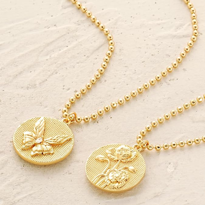 MYEARS Women Birth Flower Necklace Gold Butterfly Coin Disc Pendant Cubic Zirconia 14K Simple Dainty Beaded Chain Everyday Trendy Jewelry - 12 Months