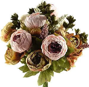 FiveSeasonStuff Vintage Artificial Peonies Silk Peony Flowers and Hydrangeas for Wedding Bridal Home Décor – Beautiful Floral Centerpiece Arrangement with 2 Bouquets (Mixed Pale Pink and Tawny Brown)