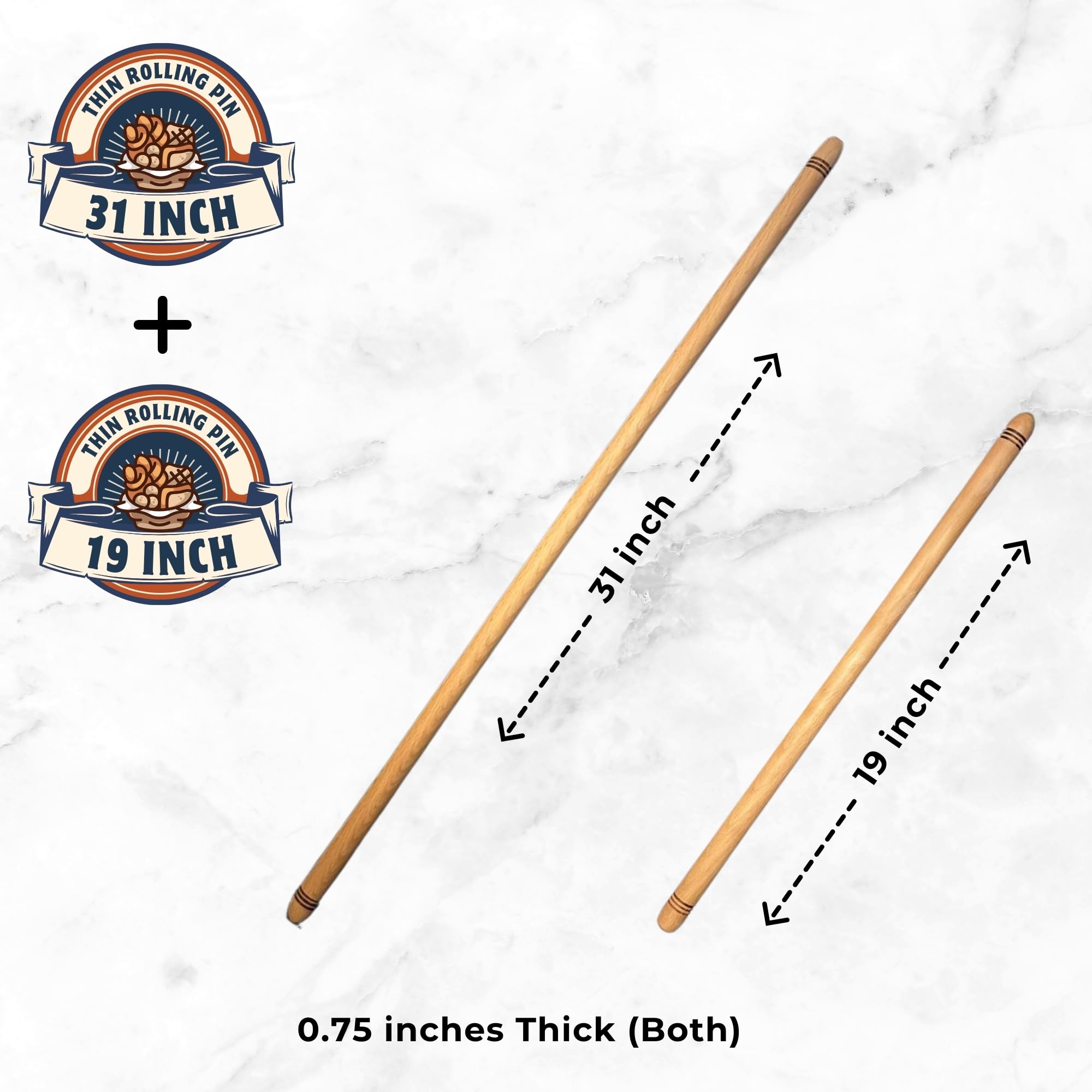 2-teiliges Set (48,3 cm + 78,7 cm Set) Oklava extra langes Nudelholz zum Backen, Mattarello Nudelholz für Manti Ravioli Pasta, türkischer Baklava-Teig, Tortilla, handgefertigtes Holz
