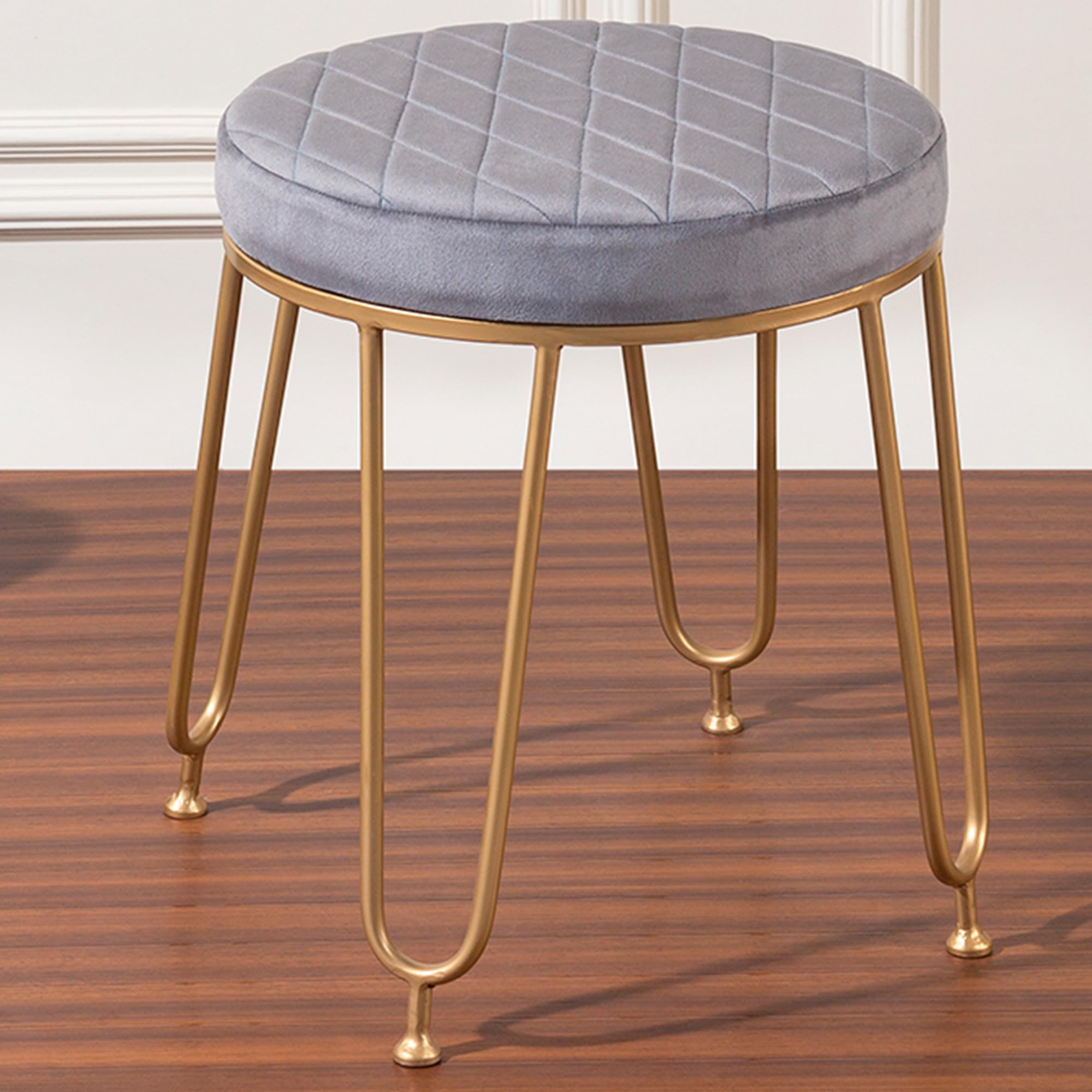 LUSHLIN Grey Round Base Multipurpose Cushioned Metallic Stool Ottoman for Sitting, Foot Rest,Vanity seat, Dressing Table(40x40x45) CM, Pack of 1-image-46
