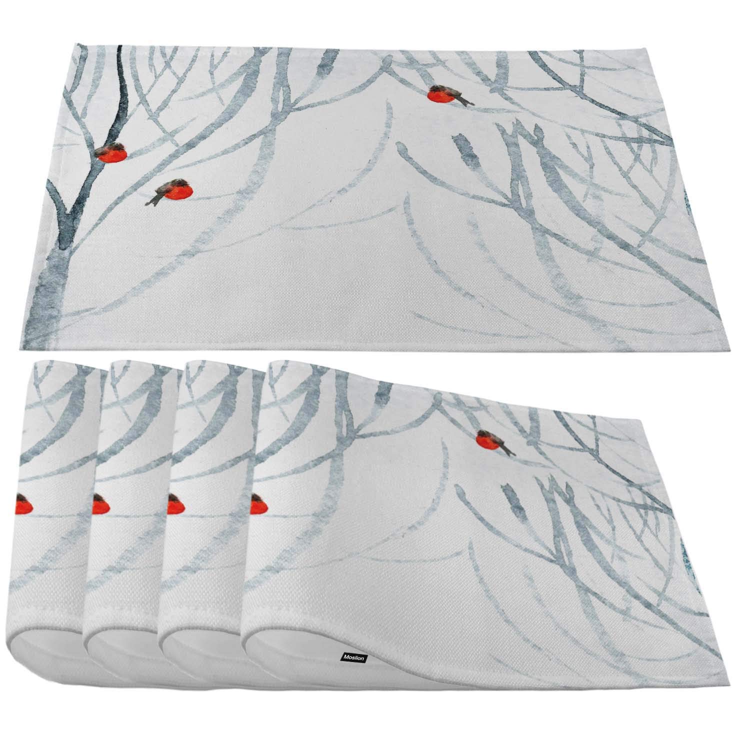 Moslion Bullfinches On Branches Placemats,Watercolor Sketching Winter Forest Park with Bullfinch Birds Place Mats for Dining Table/Kitchen Table,Waterproof Washable Outdoor Dinner Table Mats,Set of 4