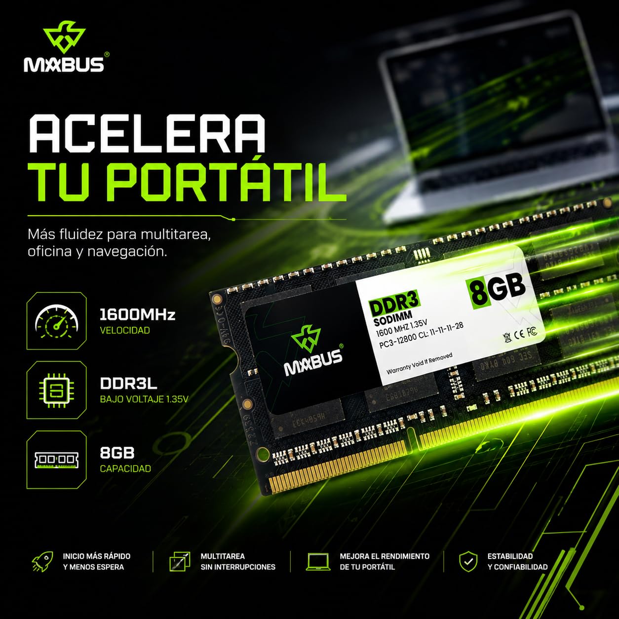 MABUS Memoria RAM 8GB DDR3L 1600MHz PC3L-12800 SODIMM para Laptop y Portátil - Módulo de 1.35V 204-Pin CL11: Mejora la Velocidad, Multitarea y Rendimiento del Sistema