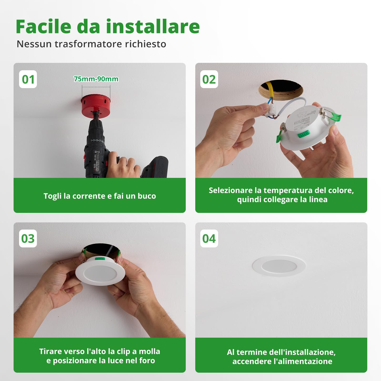 HOMEOW Faretti Led da Incasso per Cartongesso 7W, Diametro Foro 75-90mm, 24mm Ultrasottili, IP44 Faretti Led Soffitto, Regolabile Caldo 2700K, Neutro 4000K e Freddo 6000K, Non Dimmerabile, Set di 20