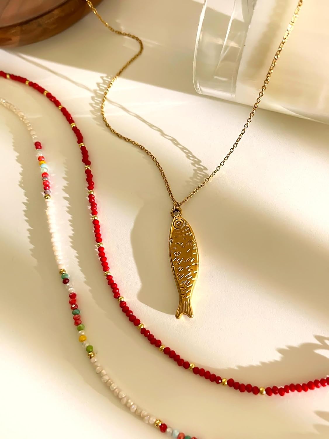 Fish Necklace, 14K Gold Plated Layered Beach Summer Y2k Pendant Necklaces Beachy Choker Beaded Charm Non Tarnish Statement Dainty Stack Stainless Steel Jewelry Gift - Image 5