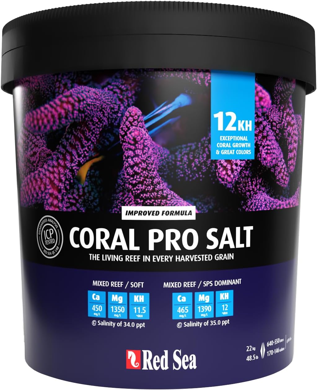 Coral Pro Reef Salt Mix Large Bucket - Makes 175 Gallons Complete Marine Saltwater Aquarium Advanced Formula Optimal Coral Health & Stability