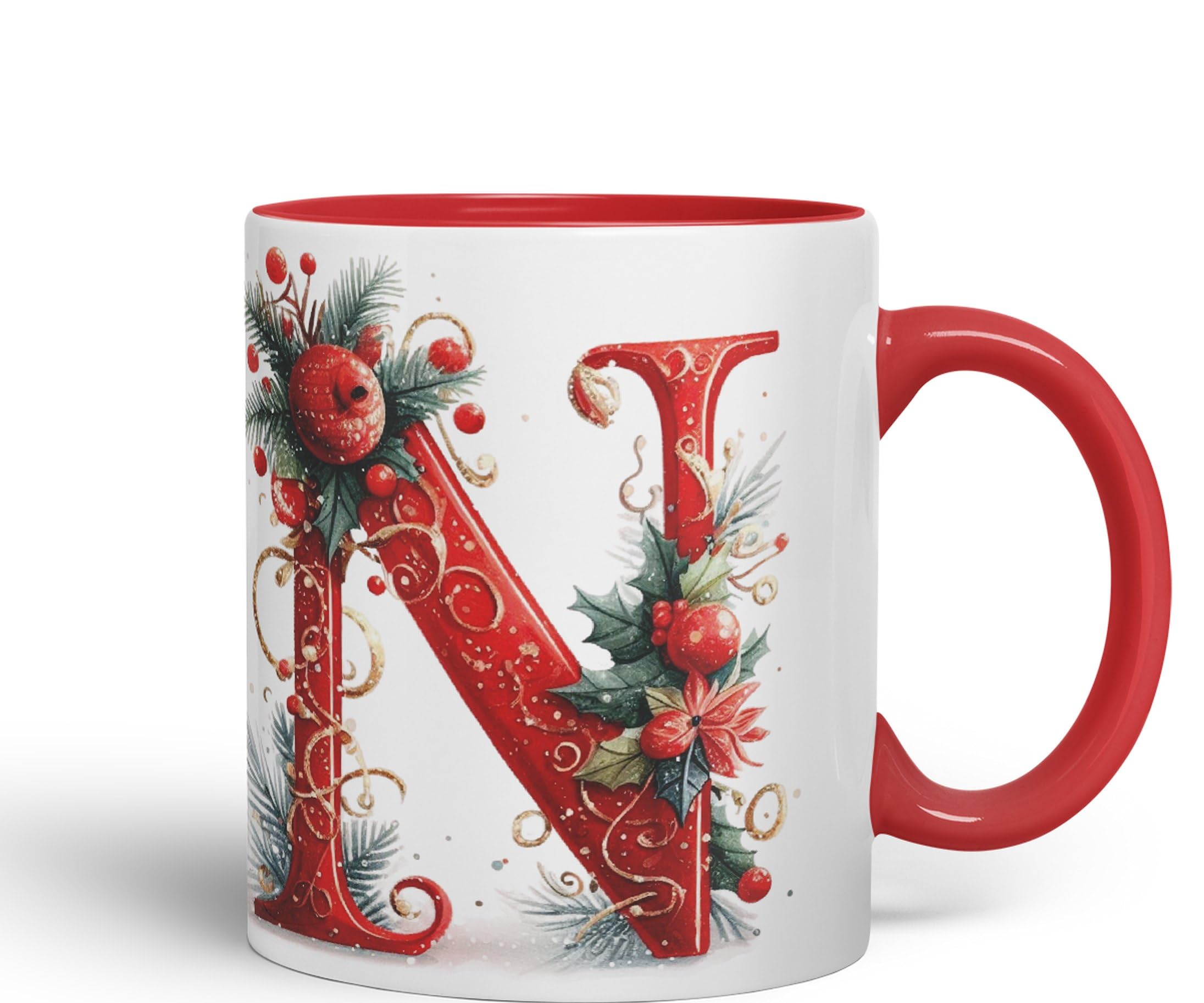 Vixar Red Letter N ChristmasDesigns Alphabet Monogram Lettersjoke sarkasm Sarcastic Ceramic Coloured Mug Cup for Tea Coffee Hot Brew 330ml 11Oz Gift