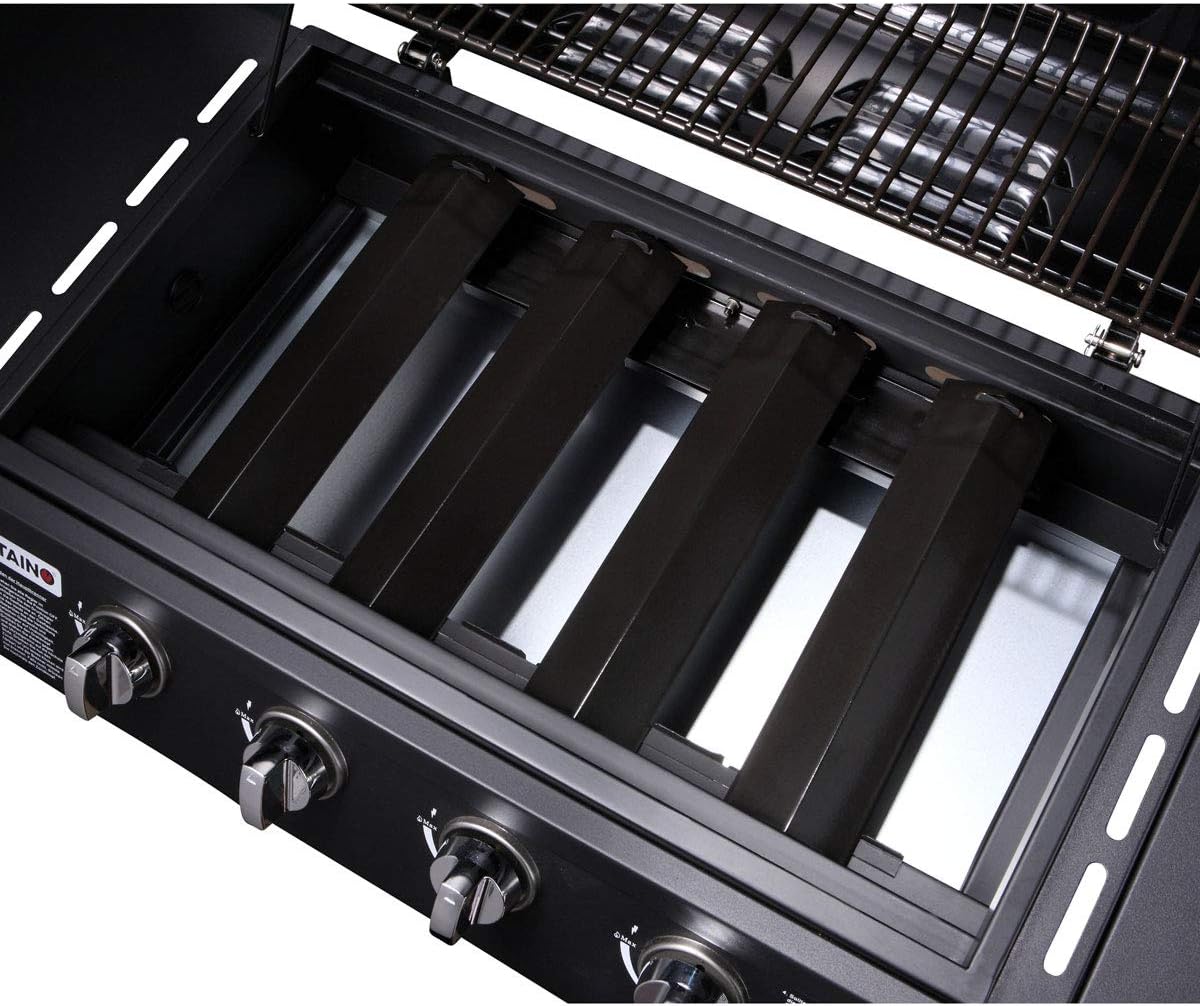TAINO Basic 4+1 - Barbecue a Gas con Coperchio e Riduttore di Pressione, in Acciaio Inox, Certificazione TÜV, Colore: Nero TAINO Basic 4+1 - Barbecue a Gas con Coperchio e Riduttore di Pressione, in Acciaio Inox, Certificazione TÜV, Colore: Nero