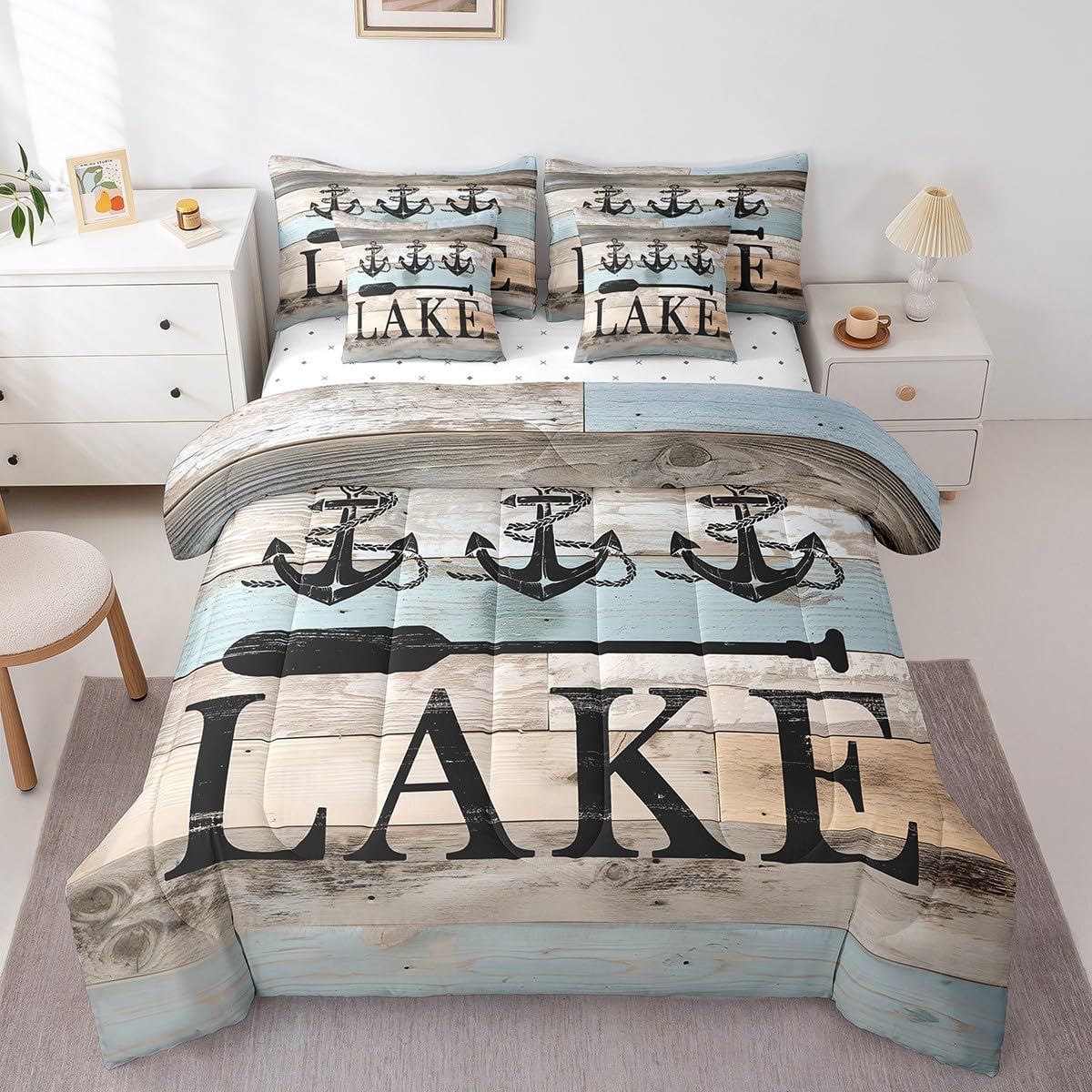 Erosebridal Lake Themed Bed in A Bag Queen,Lake House Comforter Set Camper Gift,Nautical Anchor Bedding Sets,Farmhouse Wooden Panel Paddle Quilt with Flat Fitted Sheet,Pillow Covers Bedroom Decor