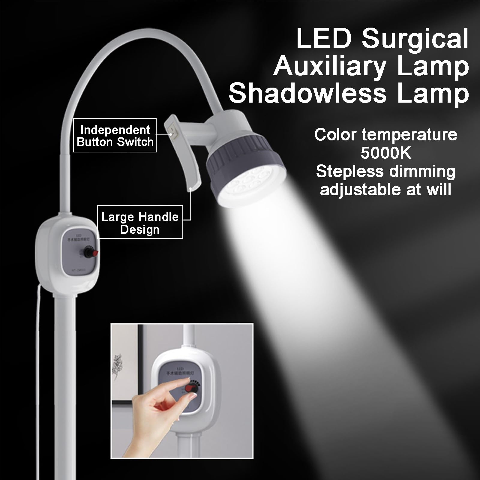 12W Medizinische Untersuchungslampe Schattenfreie Lampe mit Mobilem Sockel und Rädern Höhenverstellbar Stufenloses Dimmen