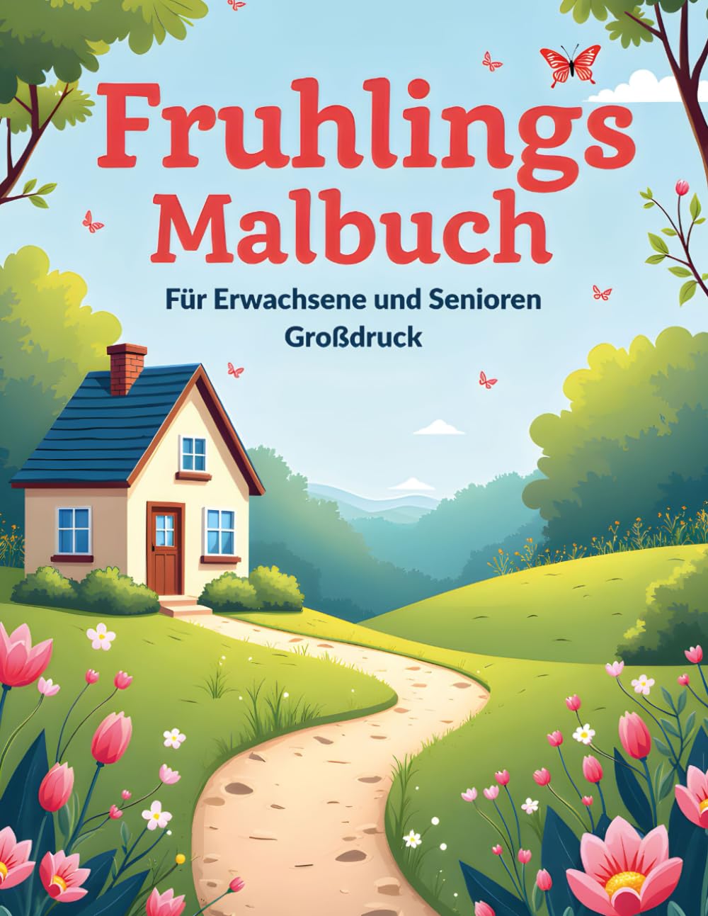 Großdruck Frühlings Malbuch für Erwachsene und Senioren: Entspannende Frühlingsmotive zum Ausmalen – große, leicht auszumalende Motive von Blumen, Gärten, Vögeln und Schmetterlingen.