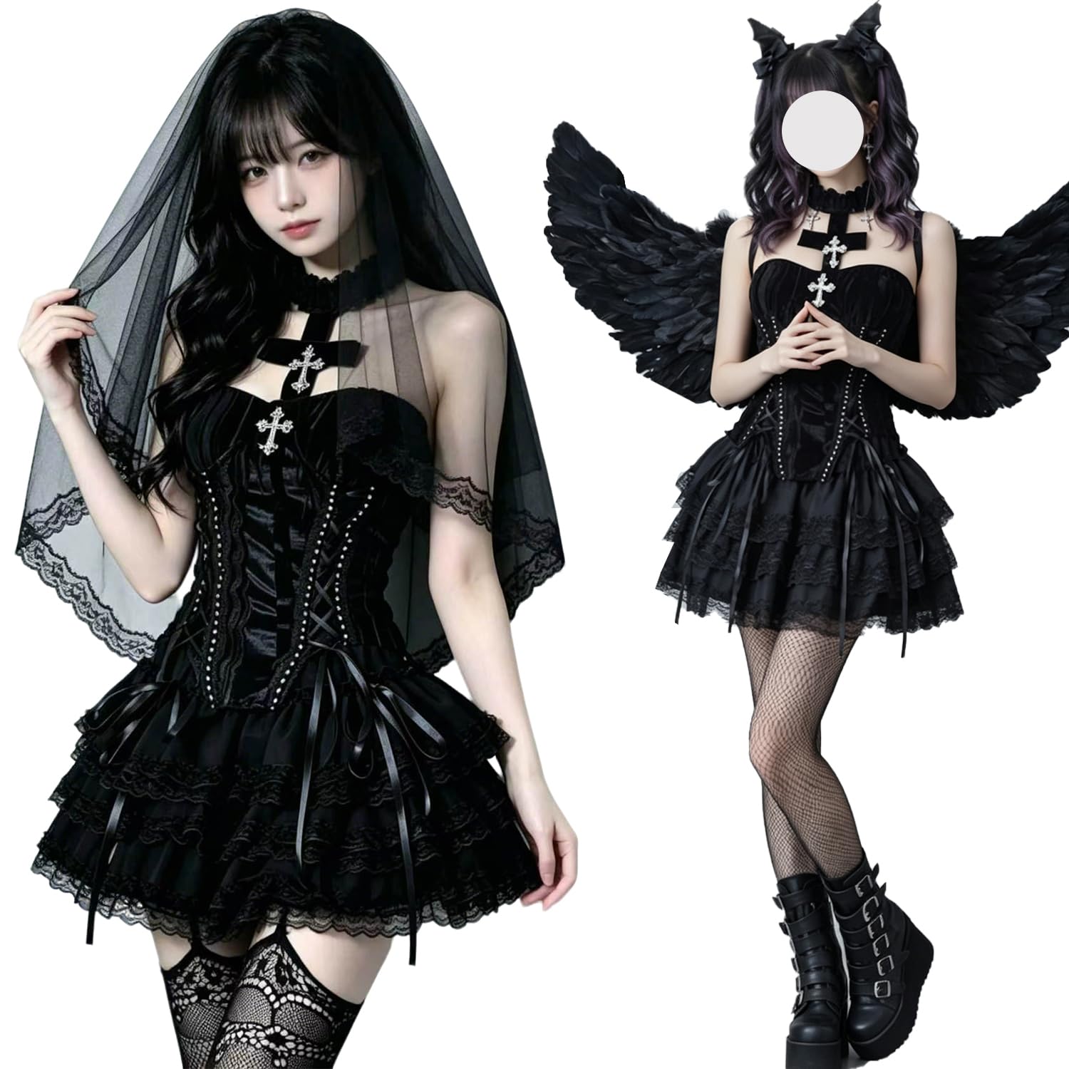 Wedding Dress, Cosplay, 6-piece Set, Waist Vest, Mini Skirt, Cat Ears, Headband Included, Bell, Collar, Cat Costume, Women's, Costume Set - M - black b