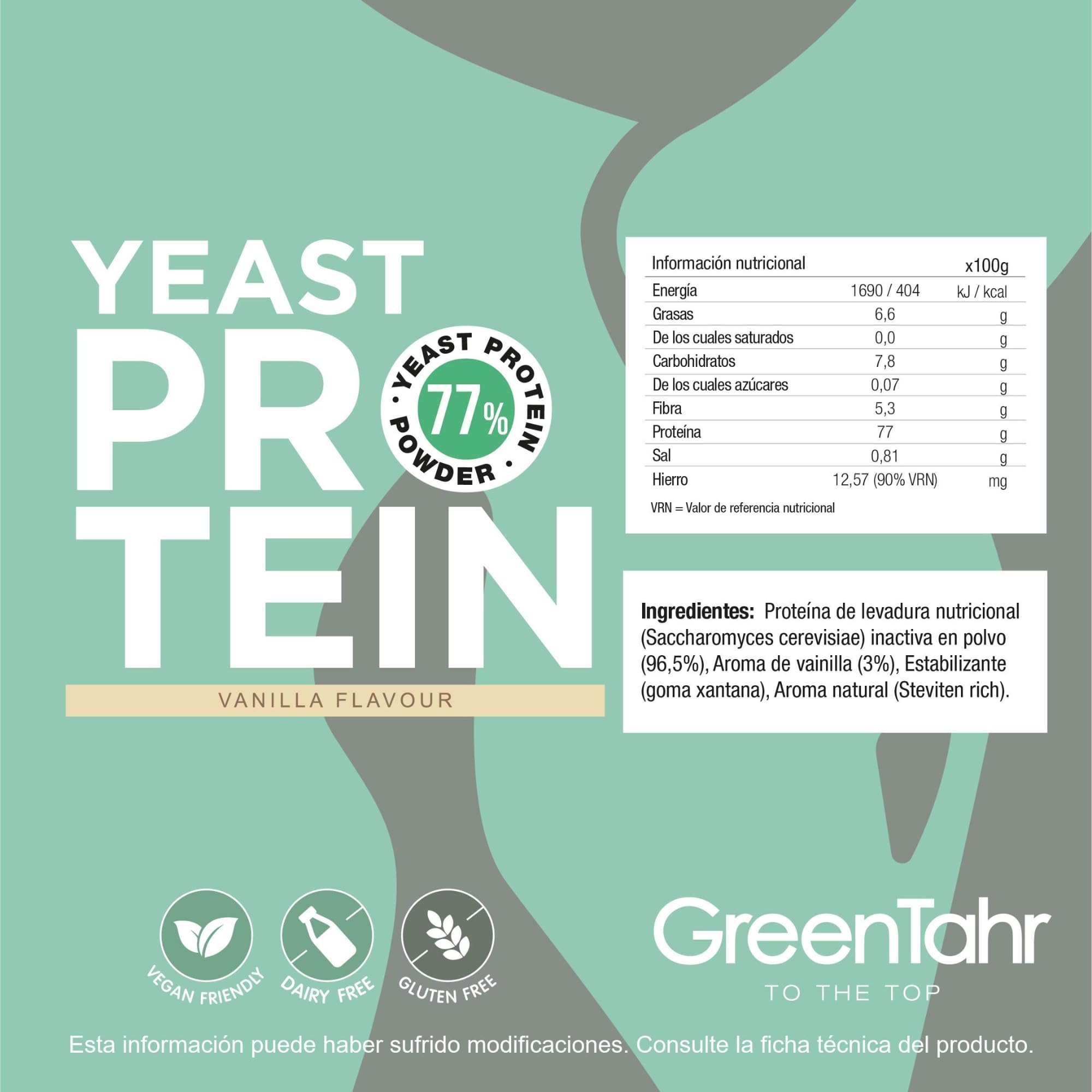 Green Tahr Proteína Vegana de Levadura Nutricional Vainilla 77%, Proteína en Polvo Vegetal Sin Lactosa, Sin Gluten ni Azúcares Añadidos, Proteínas para Masa Muscular, Vegan Protein Powder, 750g