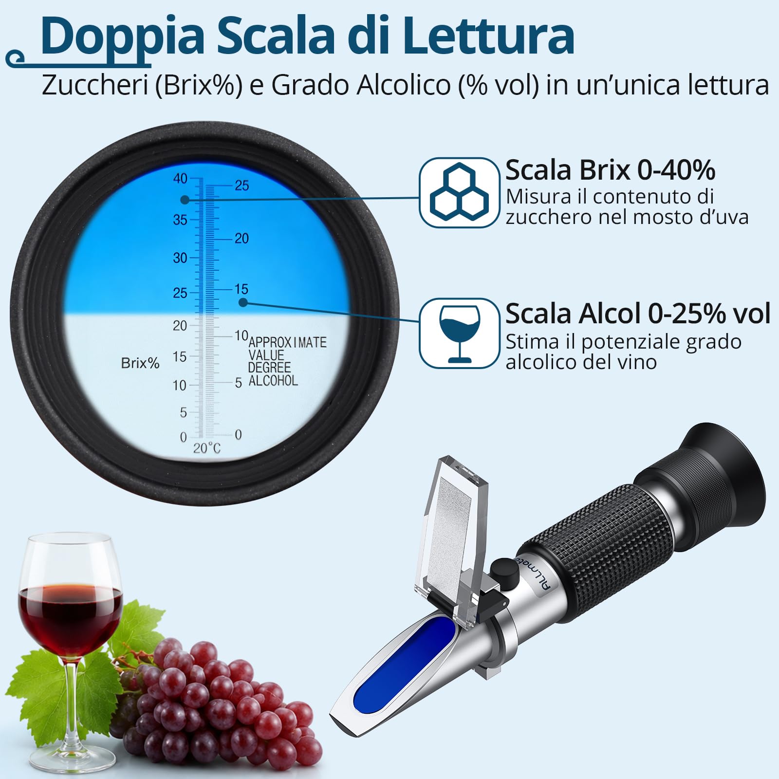 Rifrattometro per Enologia Doppia Scala (Brix 0-40%, Alcool 0-25%) Rifrattometro per UVA con ATC, Misurazione del Contenuto di Zucchero nel Succo D'uva Originale, per Prodotto Vino in Casa | Doppia Scala