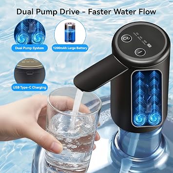 Water Dispenser for 5 Gallon Bottle, USB-C Rechargeable Electric Water Pump, Measured & Continuous Flow, Dual Powerful Motors, Water Jug Pump for Home, Office, Camping, RV