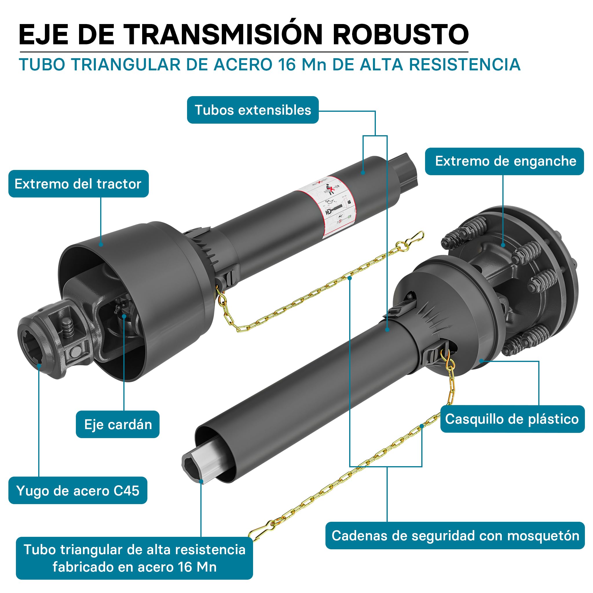 WilTec Toma de Fuerza T5 Eje transmisión cardán 1100-1210mm 620Nm 540rpm PTO 54kW (74CV) 2X 1 3/8" 6 dient.